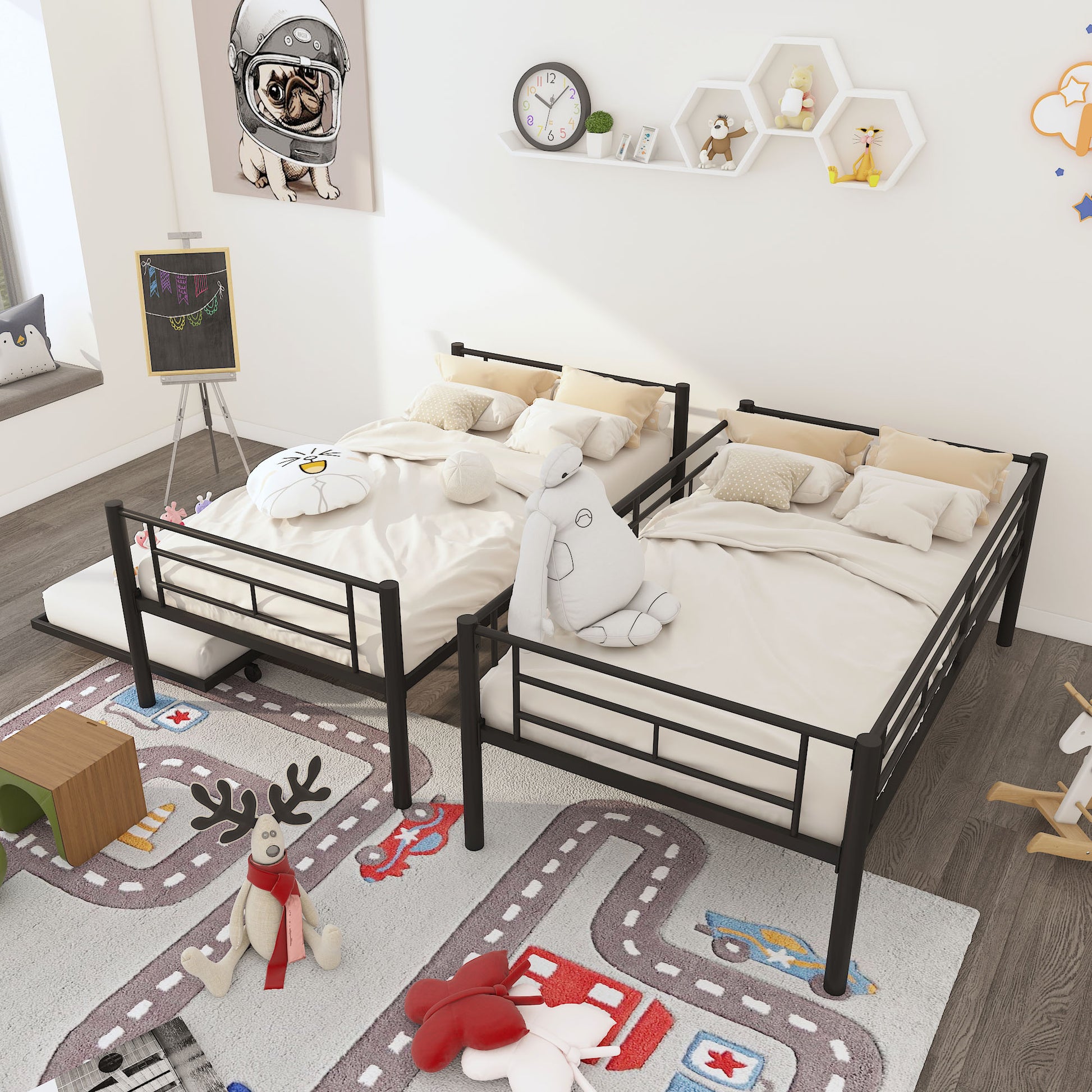 Twin Over Twin Metal Bunk Bed Frame With Trundle Upgrade Reinforcement Version Black Metal