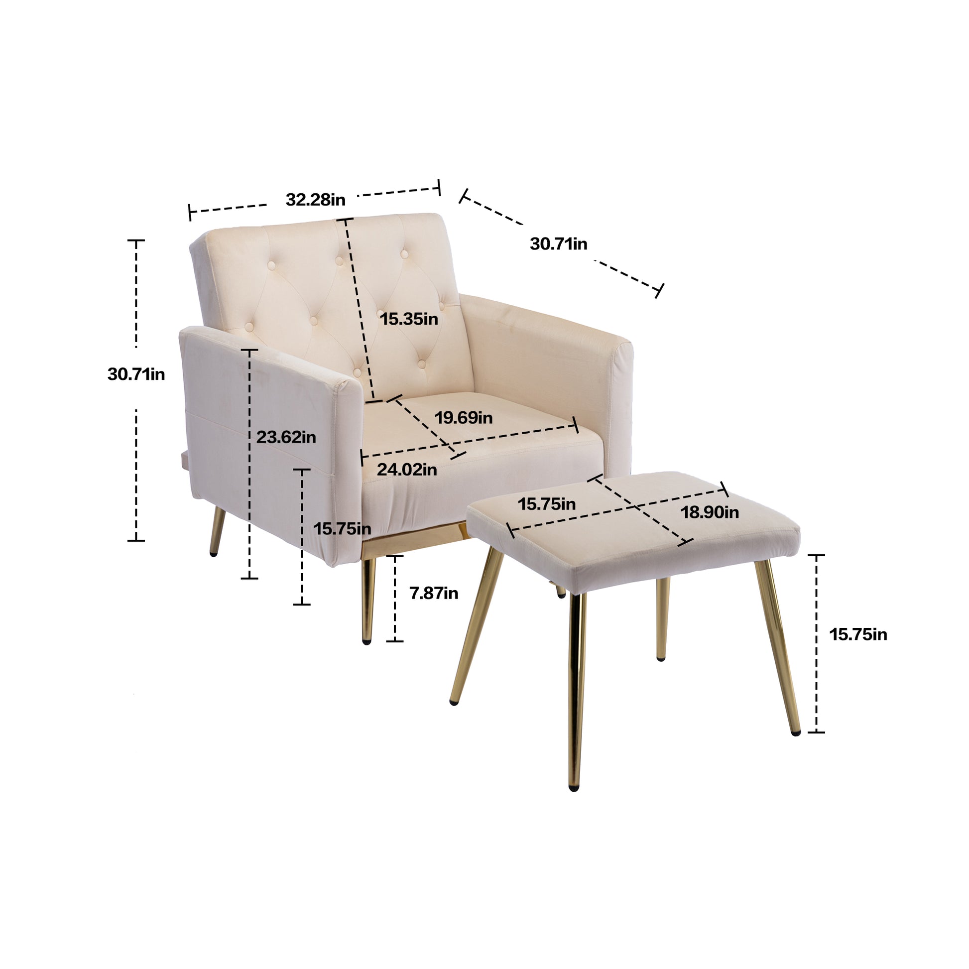 Coolmore Velvet Accent Chair With Adjustable Armrests And Backrest, Button Tufted Lounge Chair, Single Recliner Armchair With Ottoman Beige Metal