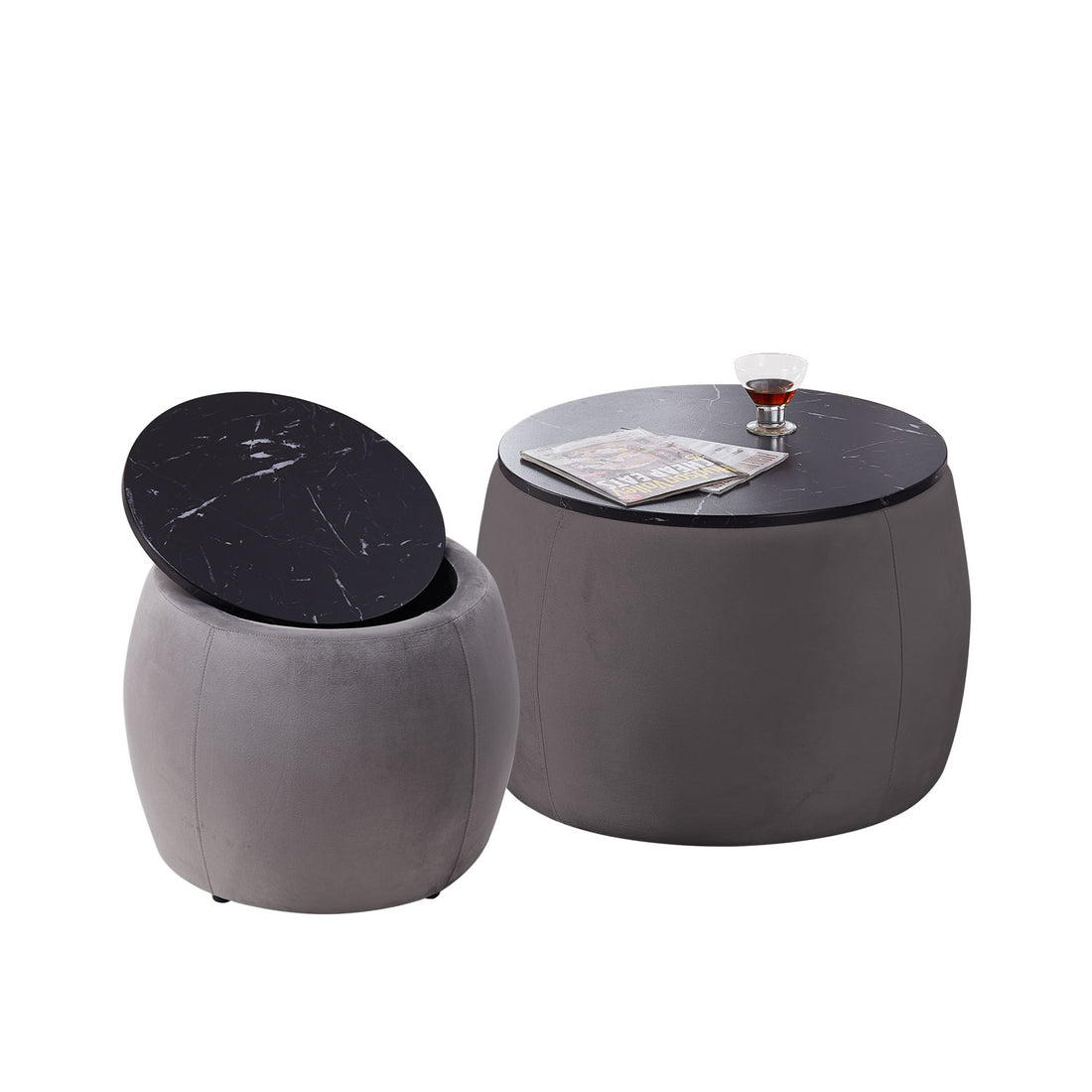 Set Of 2 End Table With Storage, Round Accent Side Table With Removable Top For Living Room, Bedroom, Top 650*450, 480*390 Grey Foam Mdf