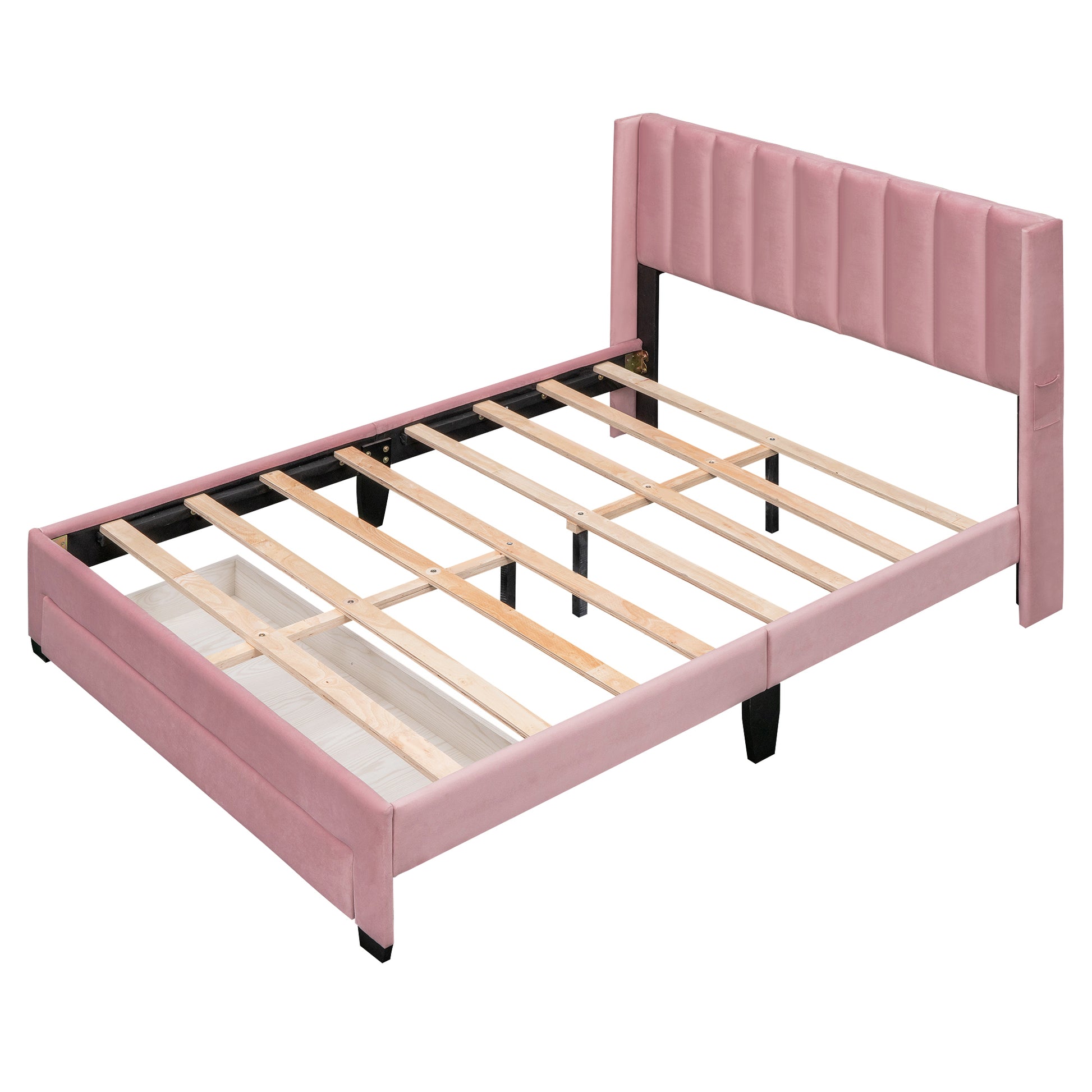 Queen Size Storage Bed Velvet Upholstered Platform Bed With A Big Drawer Pink Pink Velvet
