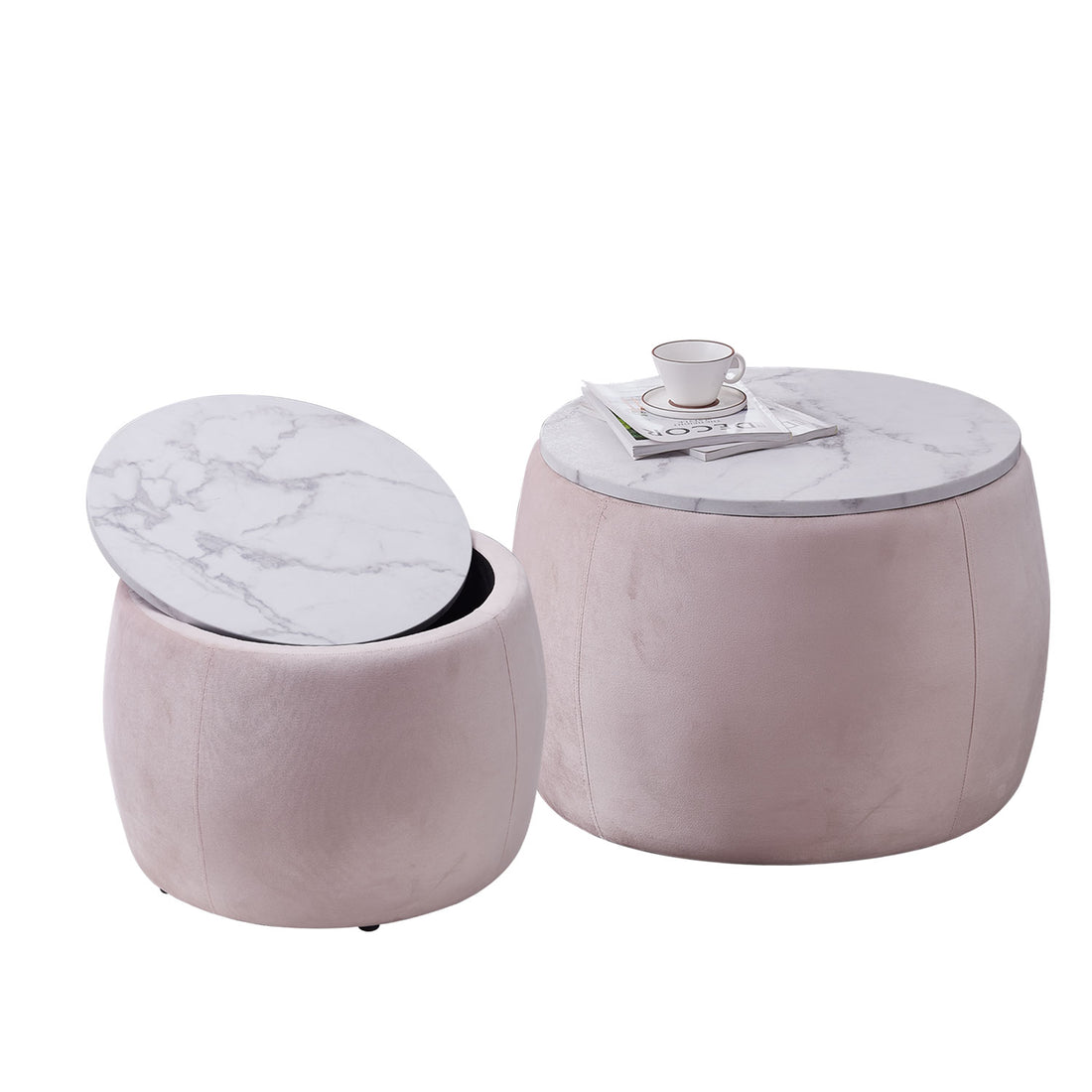 Set Of 2 End Table With Storage, Round Accent Side Table With Removable Top For Living Room, Bedroom, Top 650*450, 480*390 Pink Pink Foam Mdf