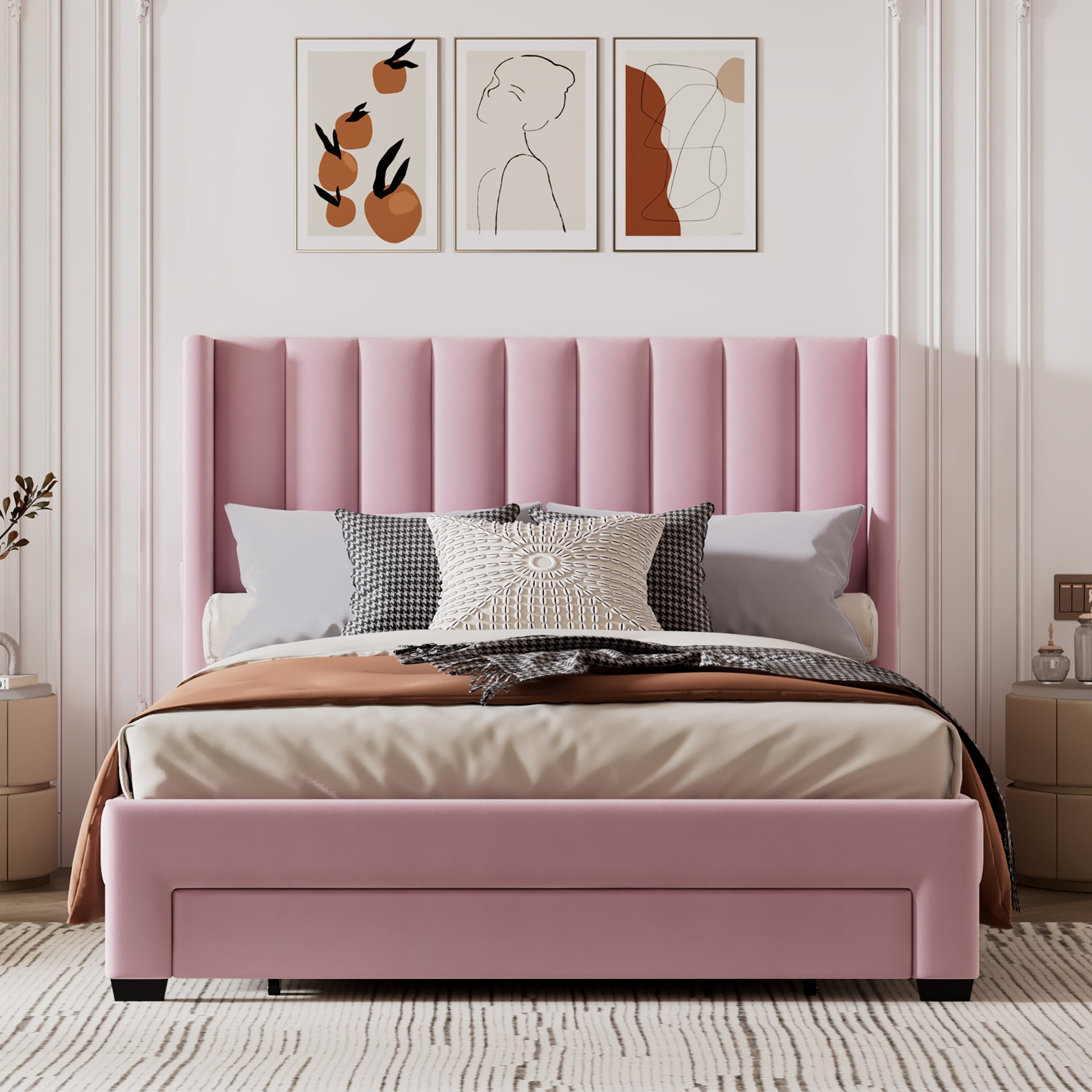 Queen Size Storage Bed Velvet Upholstered Platform Bed With A Big Drawer Pink Pink Velvet