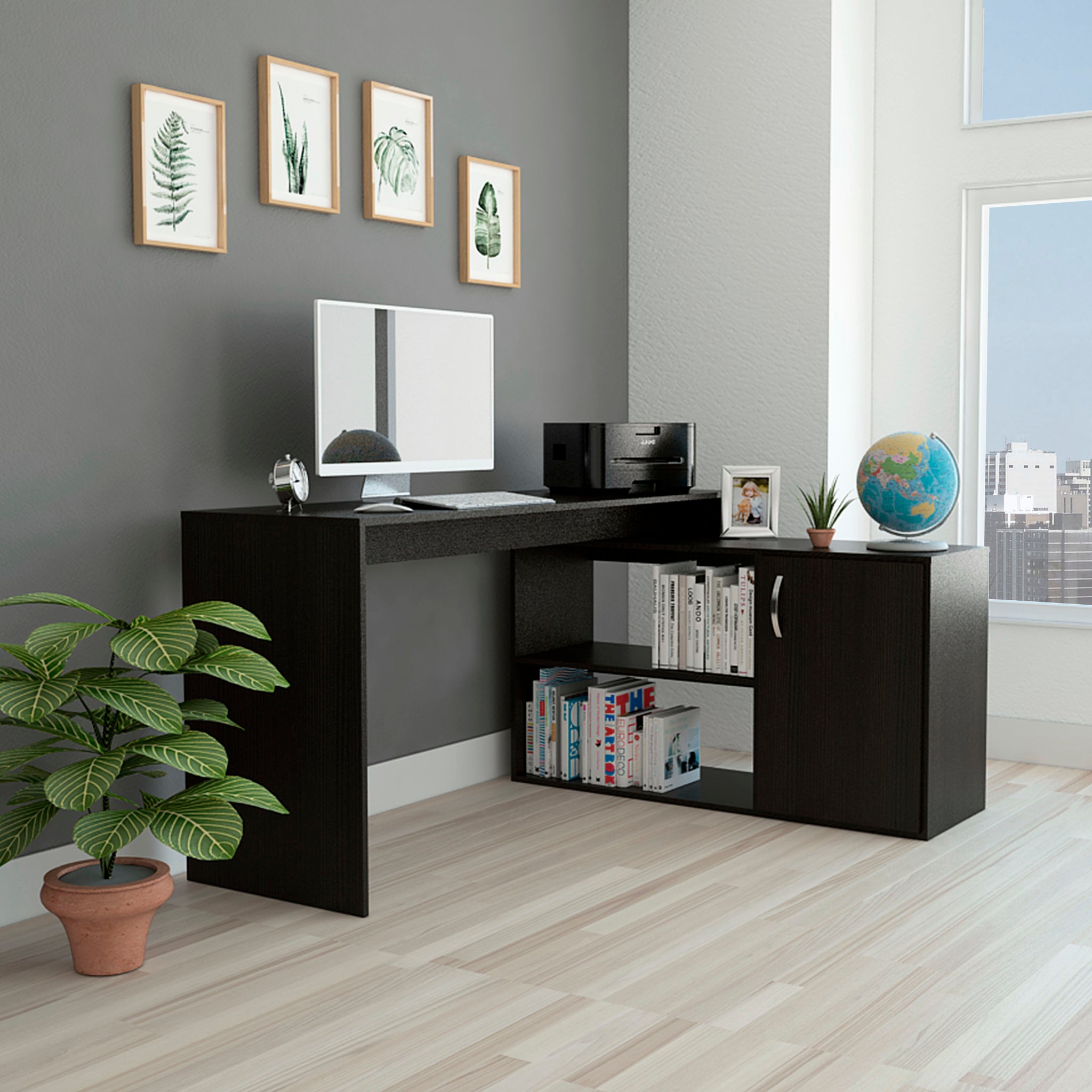 Lyncliff 1 Drawer 2 Shelf L Shaped Office Desk Black Wengue Black Particle Board