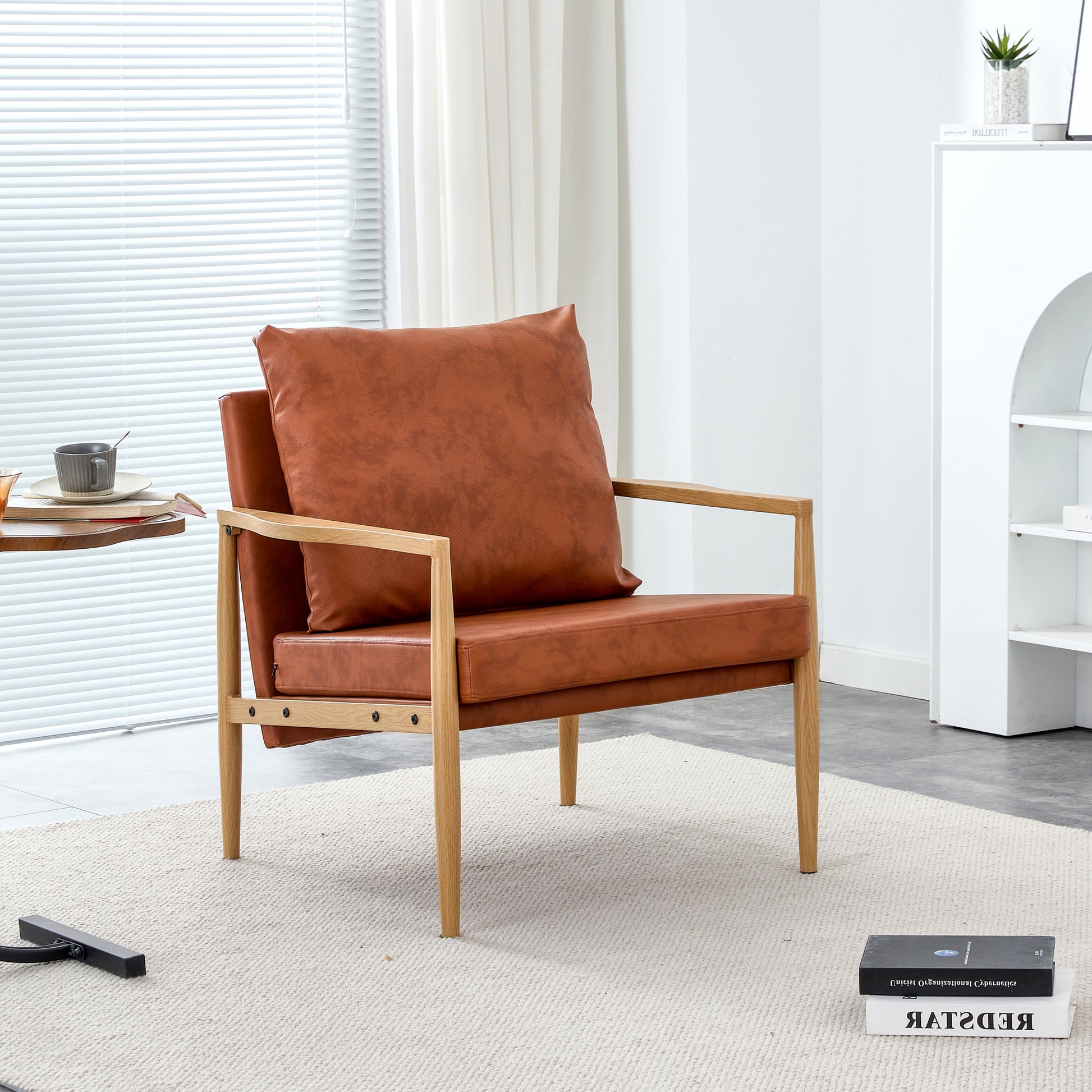 Pu Leather Accent Arm Chair Mid Century Modern Upholstered Armchair With Imitation Solid Wood Color Metal Frame Extra Thick Padded Backrest And Seat Cushion Sofa Chairs For Living Room Sf 010 Brown Foam Pu