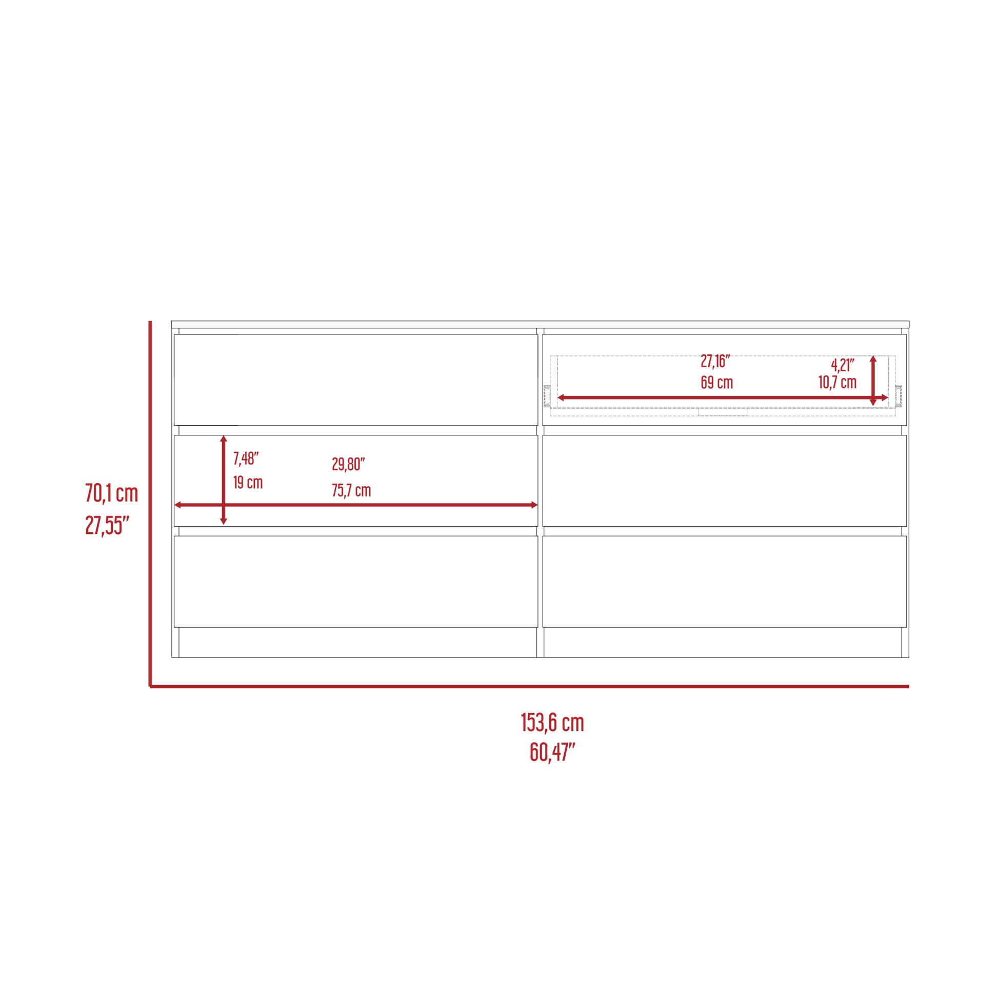 White 6 Drawer Rectangle Dresser White Particle Board