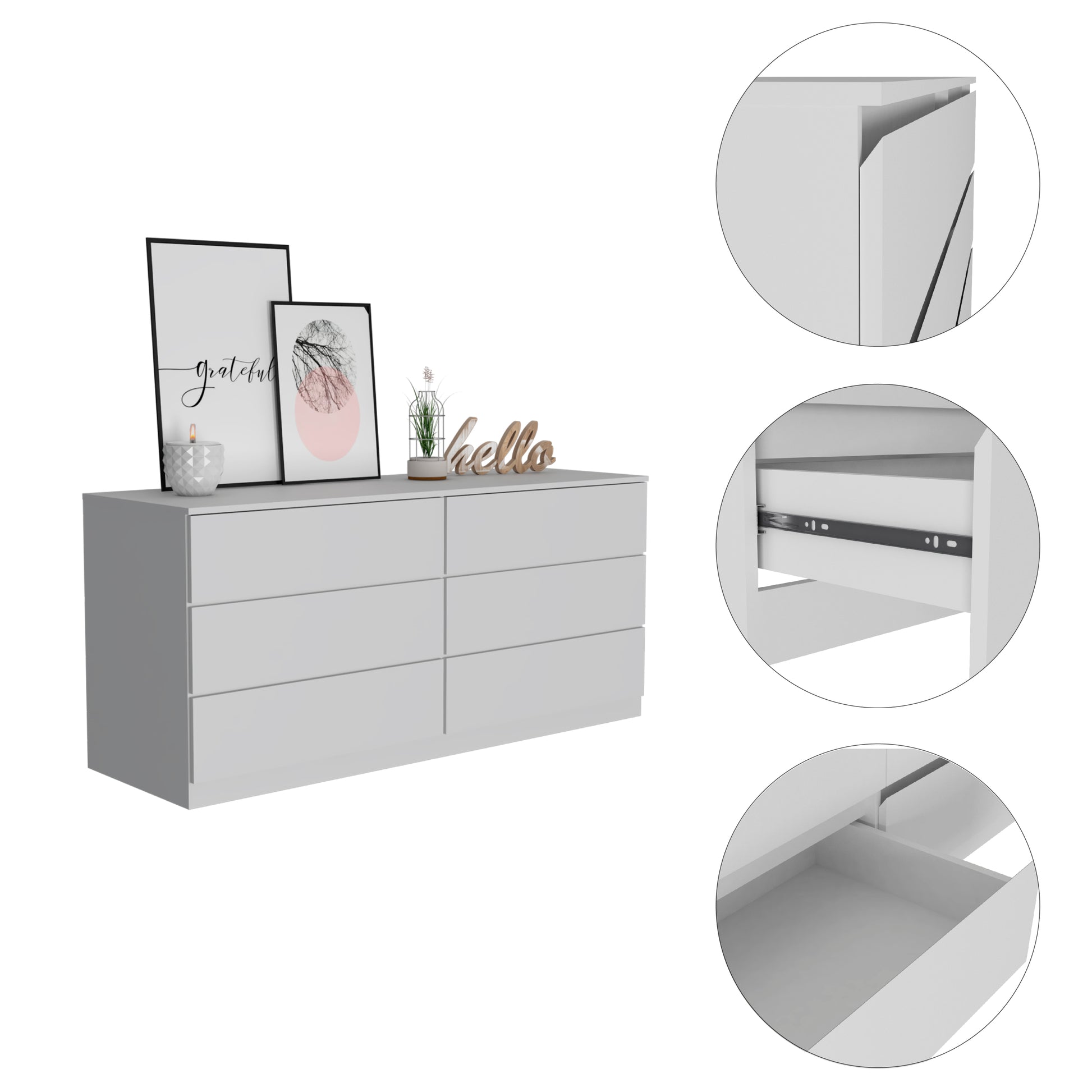 White 6 Drawer Rectangle Dresser White Particle Board