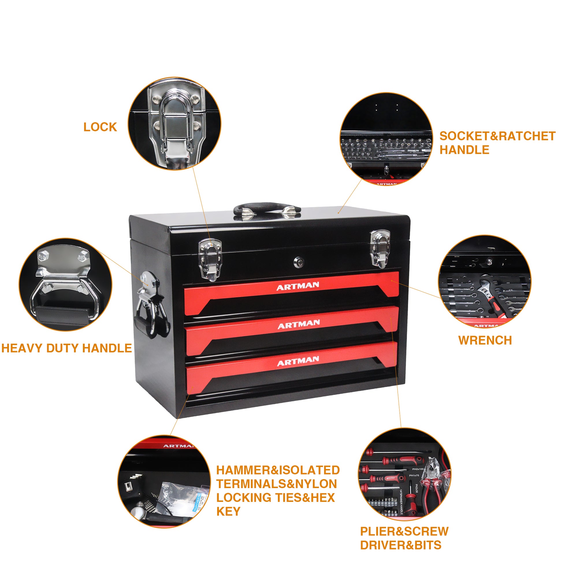 3 Drawers Tool Box With Tool Set Black Steel