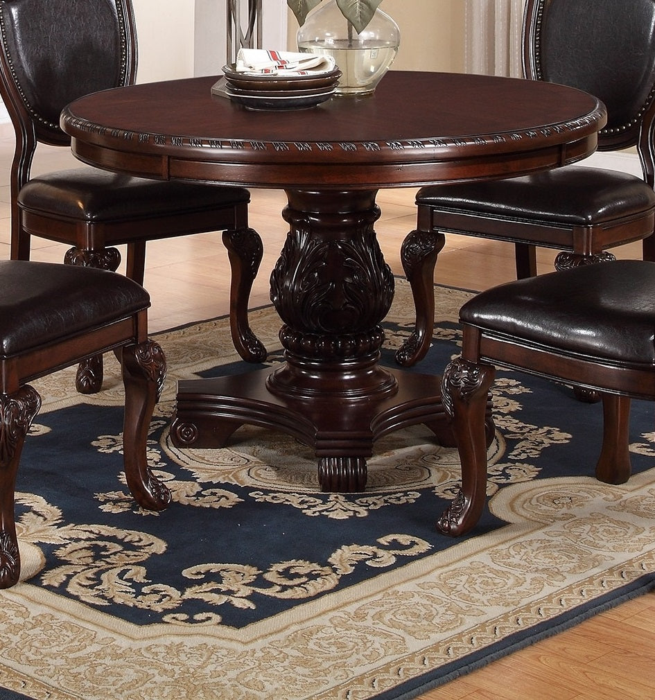 Classic Formal Dining Room Table And 4X Side Chairs Brown 5Pc Set Dining Table Pedestal Base Antique Round Table Faux Leather Upholstered Chair Brown Wood Dining Room Solid Wood Rubberwood Round Dining Table With Chair Wood Wood Brown Solid Back Seats 4