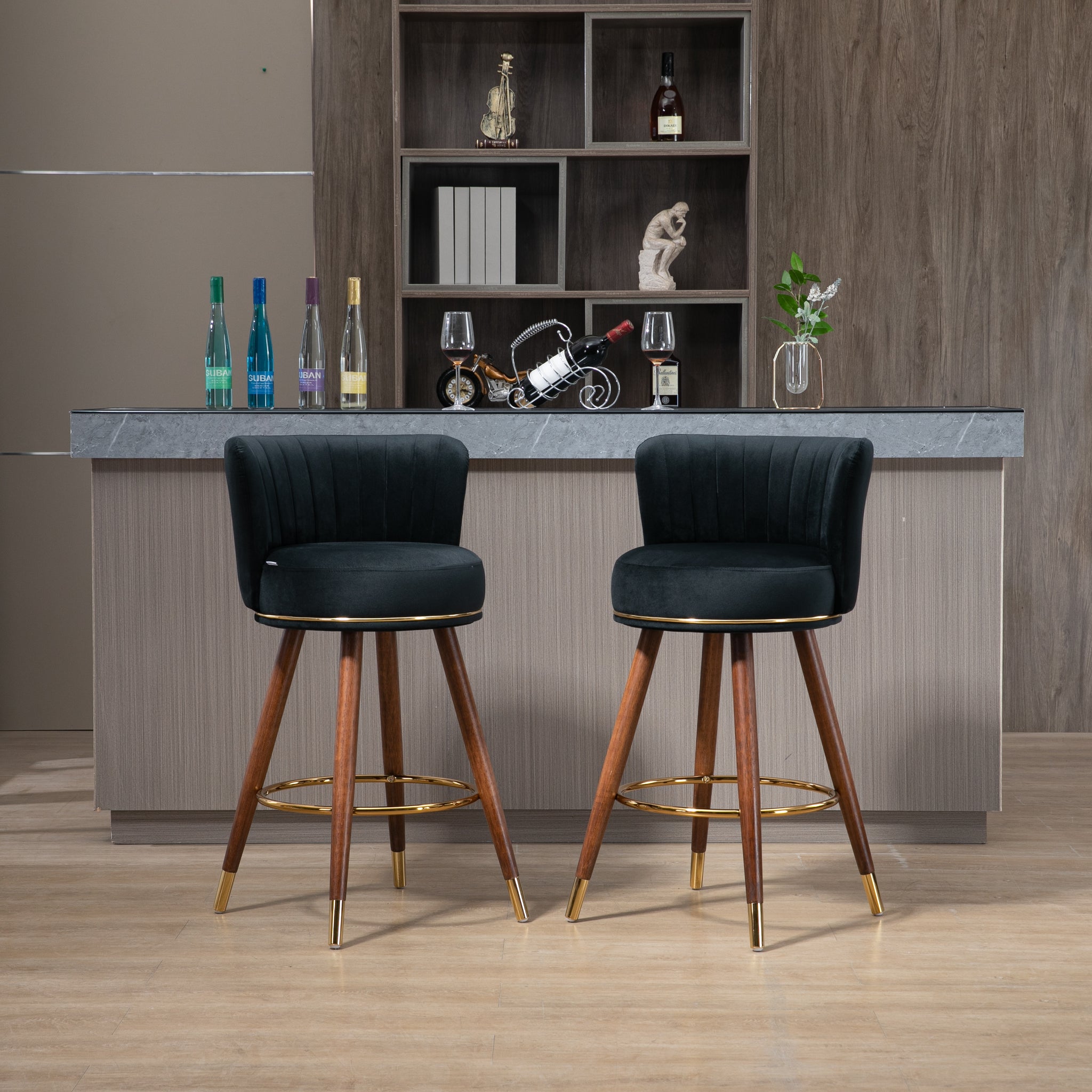 Coolmore Counter Height Bar Stools Set Of 2 For Kitchen Counter Solid Wood Legs With A Fixed Height Of 360 Degrees Black Solid Wood