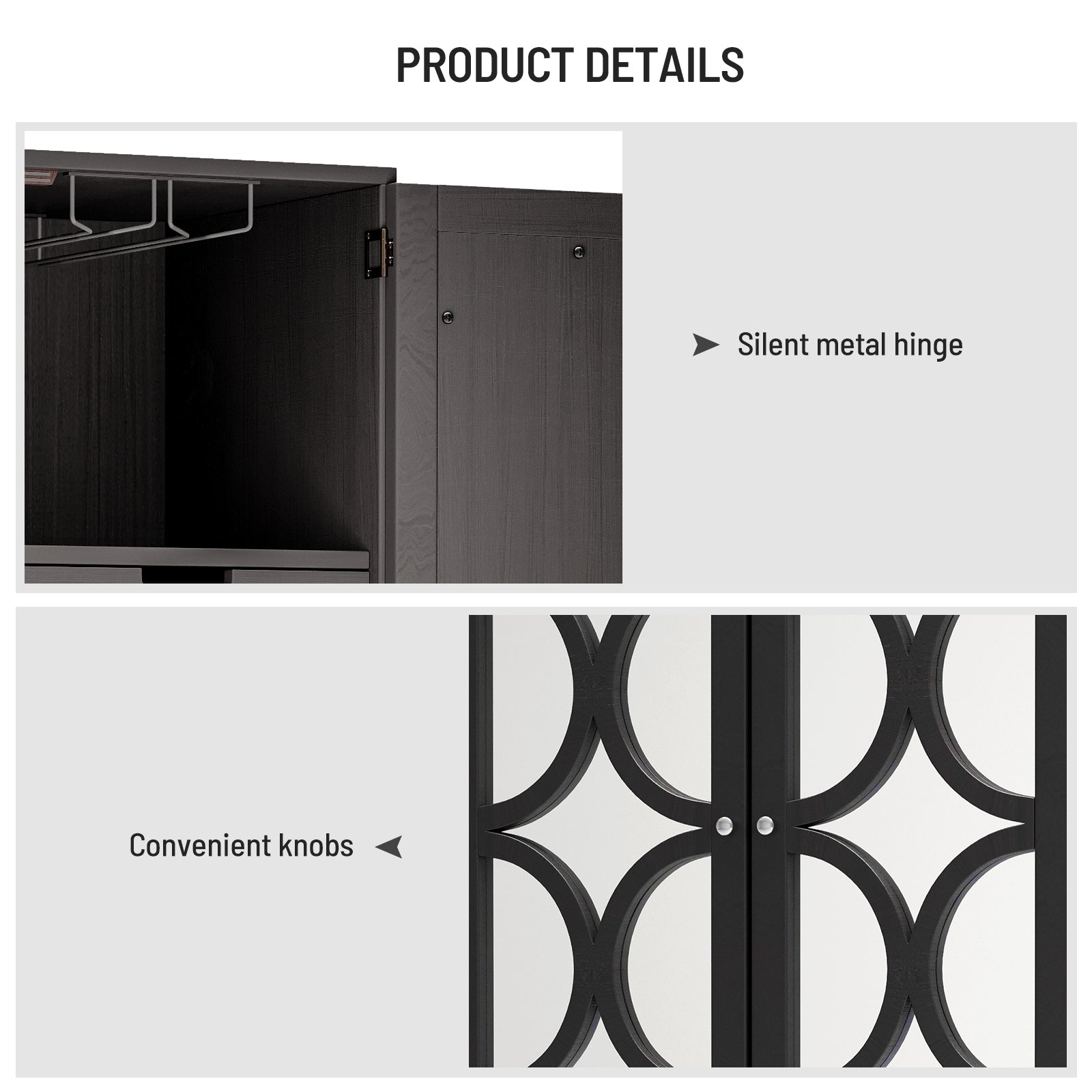 Wine Cabinet Solid Rubber Wood Rack Double Mirror Door Bar Cabinet Kitchen Organizer With Glass Holder Sideboard For Dining Room Antique Black Rubber Wood