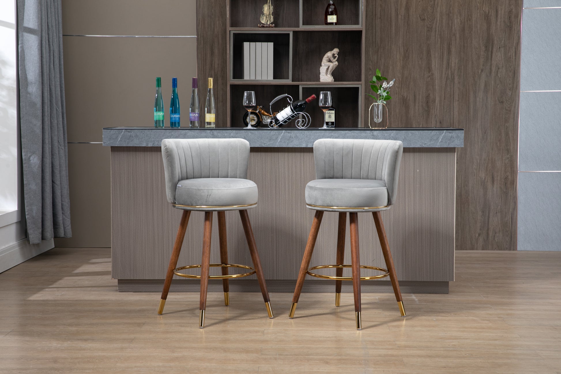 Coolmore Counter Height Bar Stools Set Of 2 For Kitchen Counter Solid Wood Legs With A Fixed Height Of 360 Degrees Gray Solid Wood