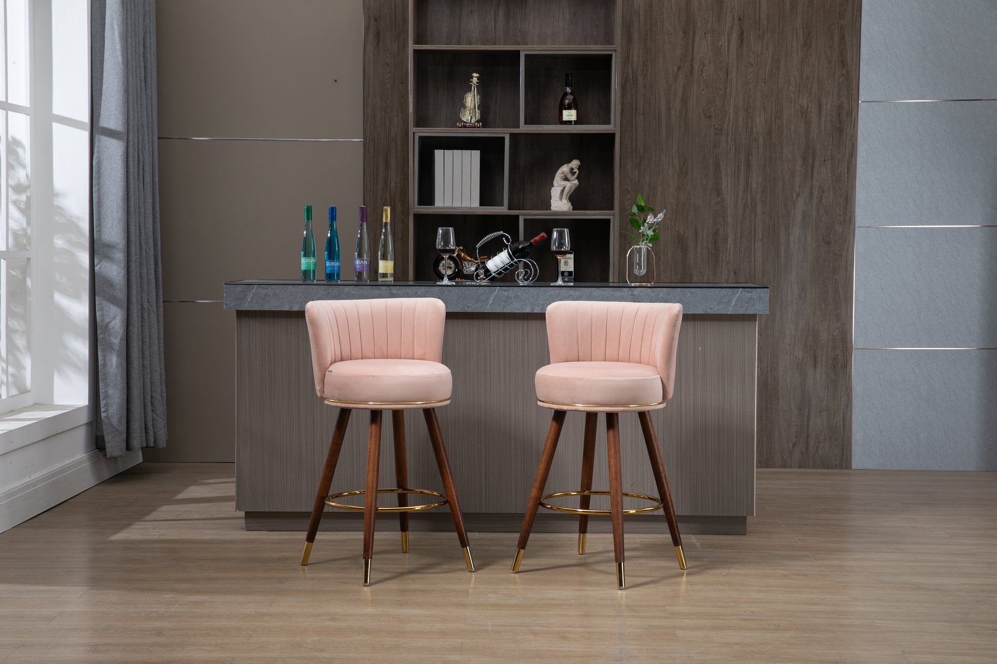 Coolmore Counter Height Bar Stools Set Of 2 For Kitchen Counter Solid Wood Legs With Fabric With A Fixed Height Of 360 Degrees Pink Solid Wood