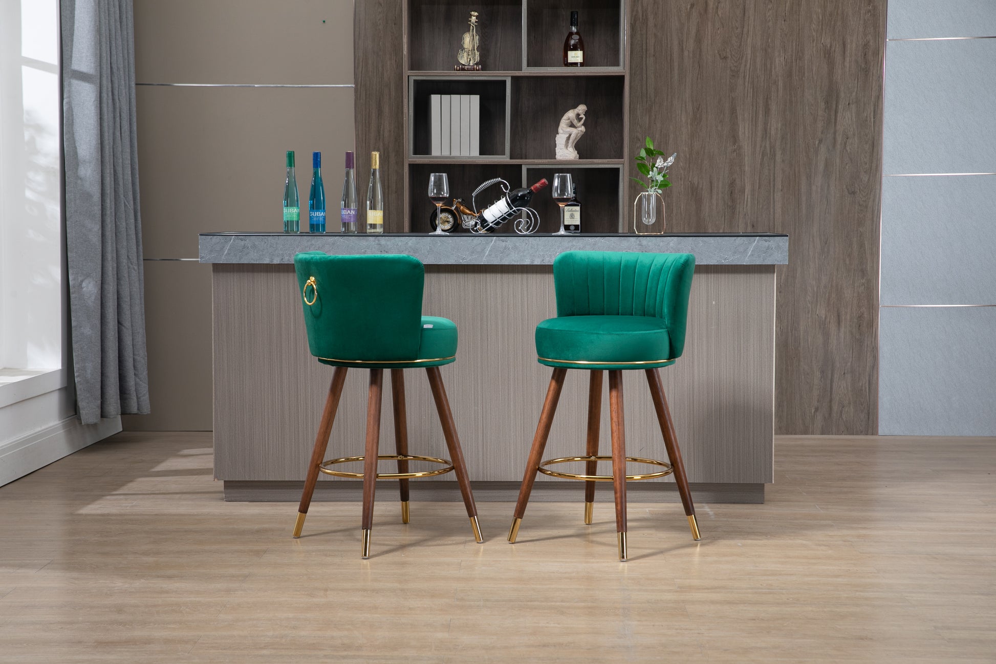 Coolmore Counter Height Bar Stools Set Of 2 For Kitchen Counter Solid Wood Legs With A Fixed Height Of 360 Degrees Emerald Solid Wood