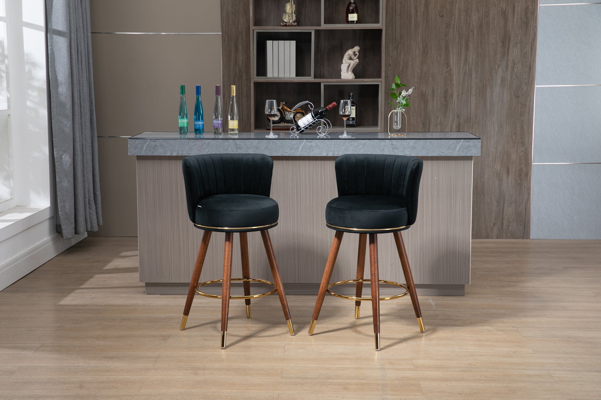 Coolmore Counter Height Bar Stools Set Of 2 For Kitchen Counter Solid Wood Legs With A Fixed Height Of 360 Degrees Black Solid Wood