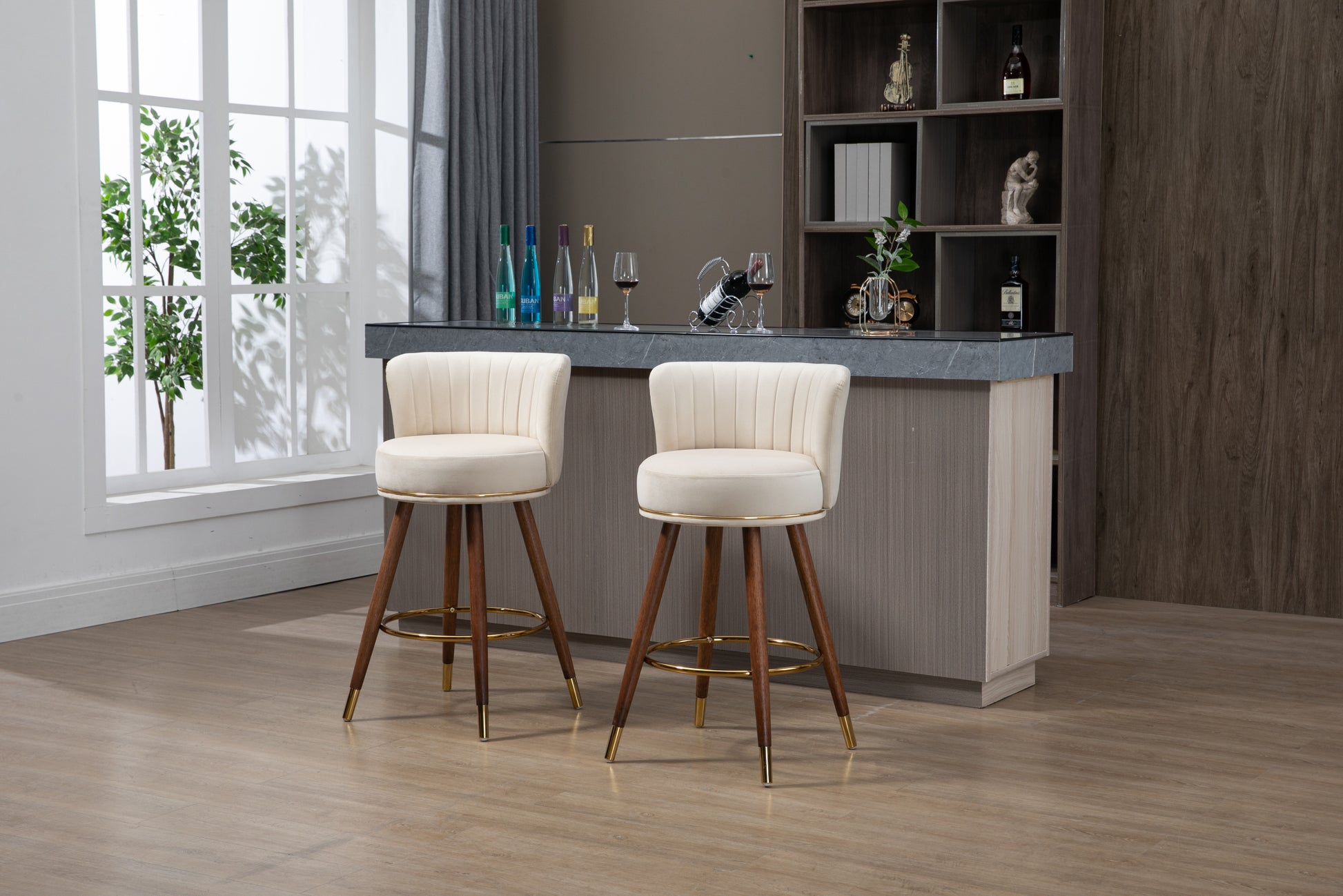 Coolmore Counter Height Bar Stools Set Of 2 For Kitchen Counter Solid Wood Legs With A Fixed Height Of 360 Degrees Ivory Solid Wood