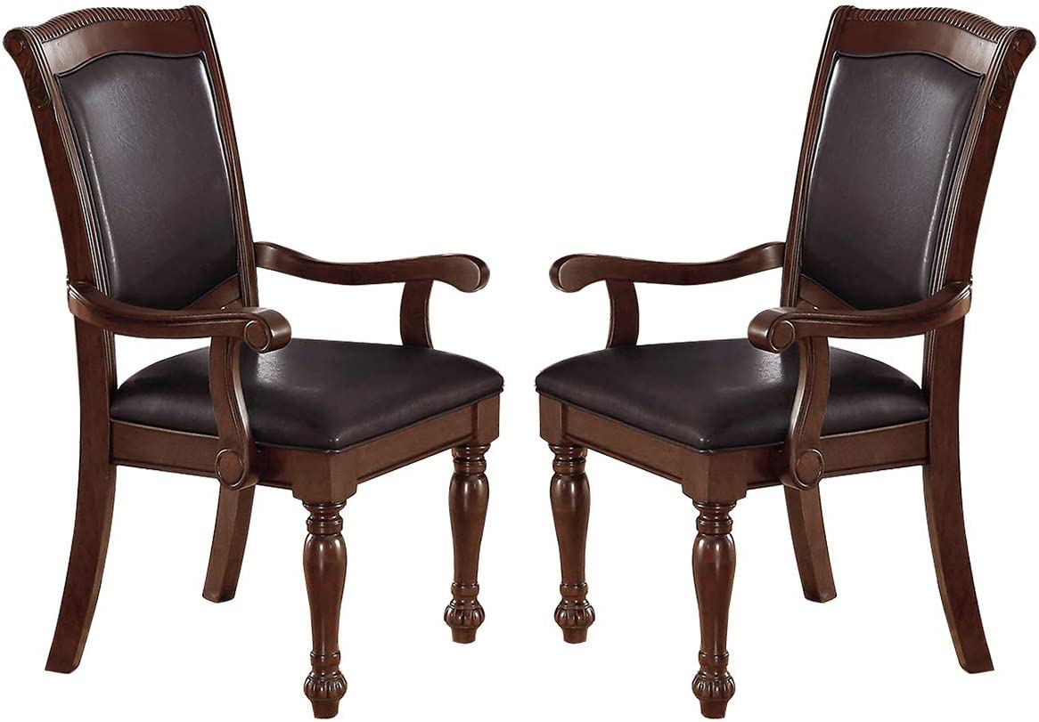 Royal Majestic Formal Set Of 2 Arm Chairs Brown Color Rubberwood Dining Room Furniture Faux Leather Upholstered Seat Brown Brown Dining Room Luxury,Traditional Arm Chair Rubberwood Rubber Wood