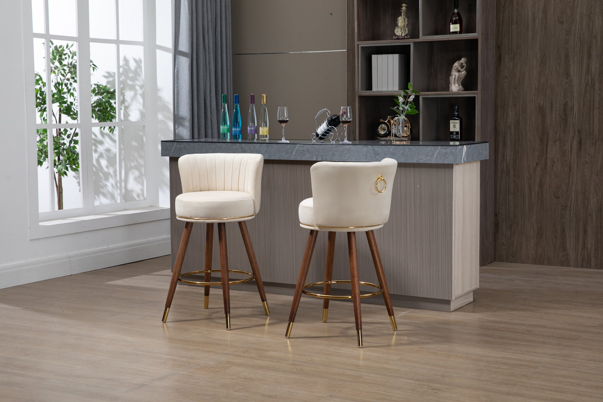 Coolmore Counter Height Bar Stools Set Of 2 For Kitchen Counter Solid Wood Legs With A Fixed Height Of 360 Degrees Ivory Solid Wood