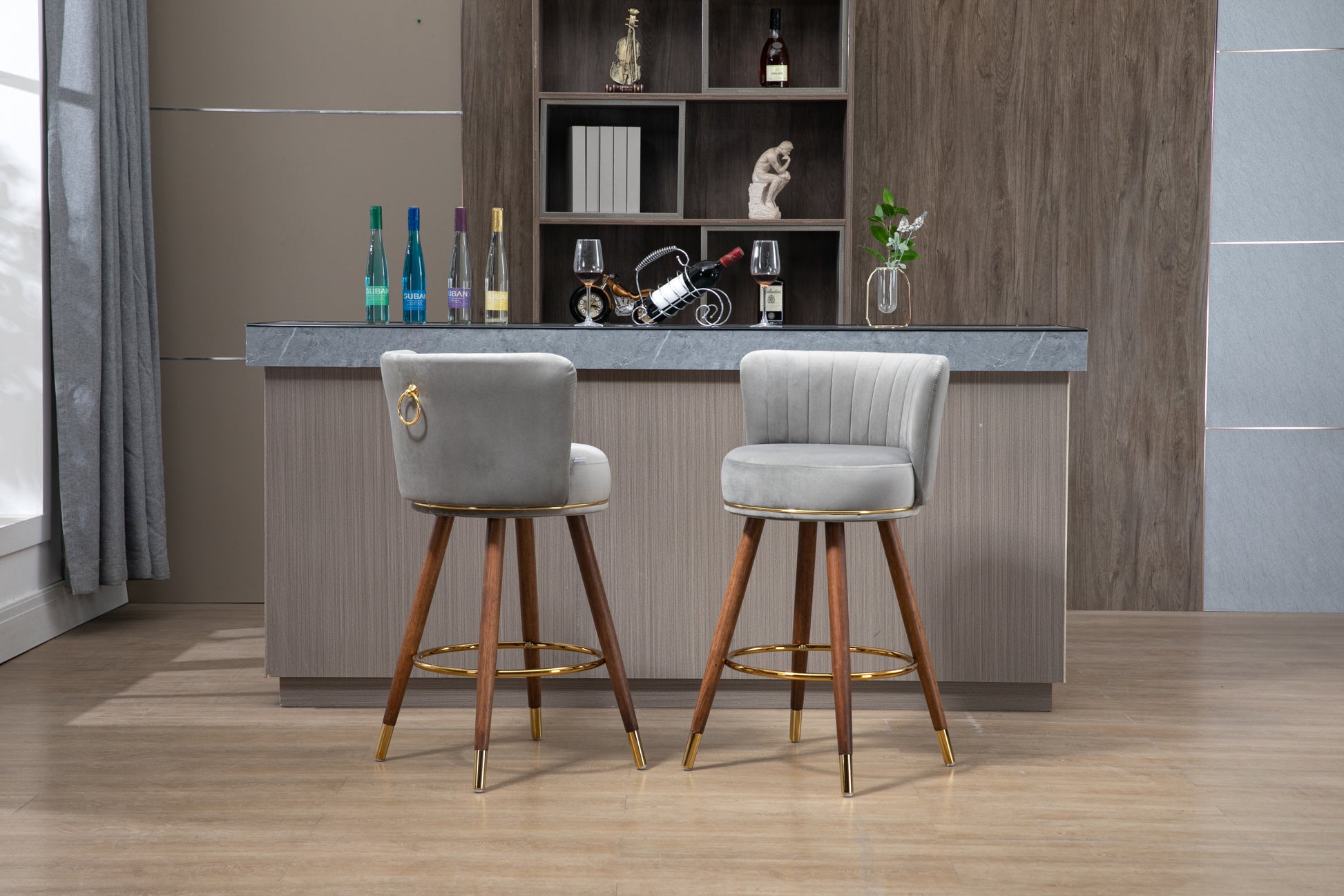 Coolmore Counter Height Bar Stools Set Of 2 For Kitchen Counter Solid Wood Legs With A Fixed Height Of 360 Degrees Gray Solid Wood