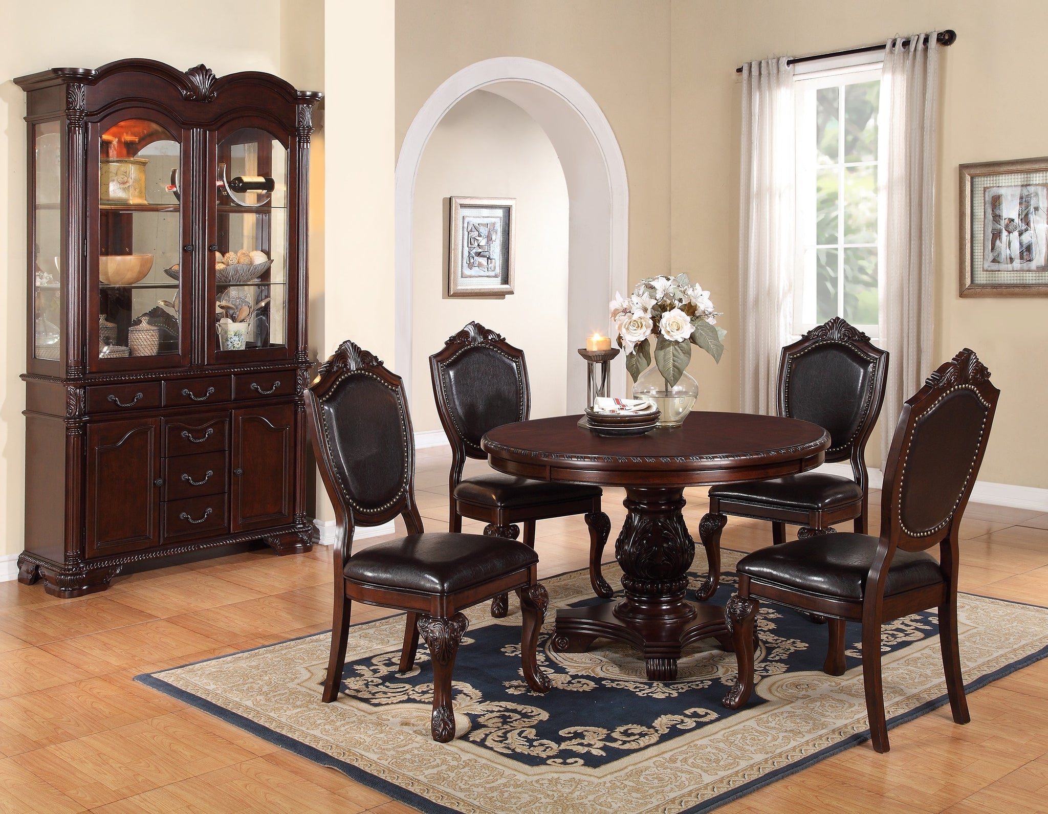 Classic Formal Dining Room Table And 4X Side Chairs Brown 5Pc Set Dining Table Pedestal Base Antique Round Table Faux Leather Upholstered Chair Brown Wood Dining Room Solid Wood Rubberwood Round Dining Table With Chair Wood Wood Brown Solid Back Seats 4