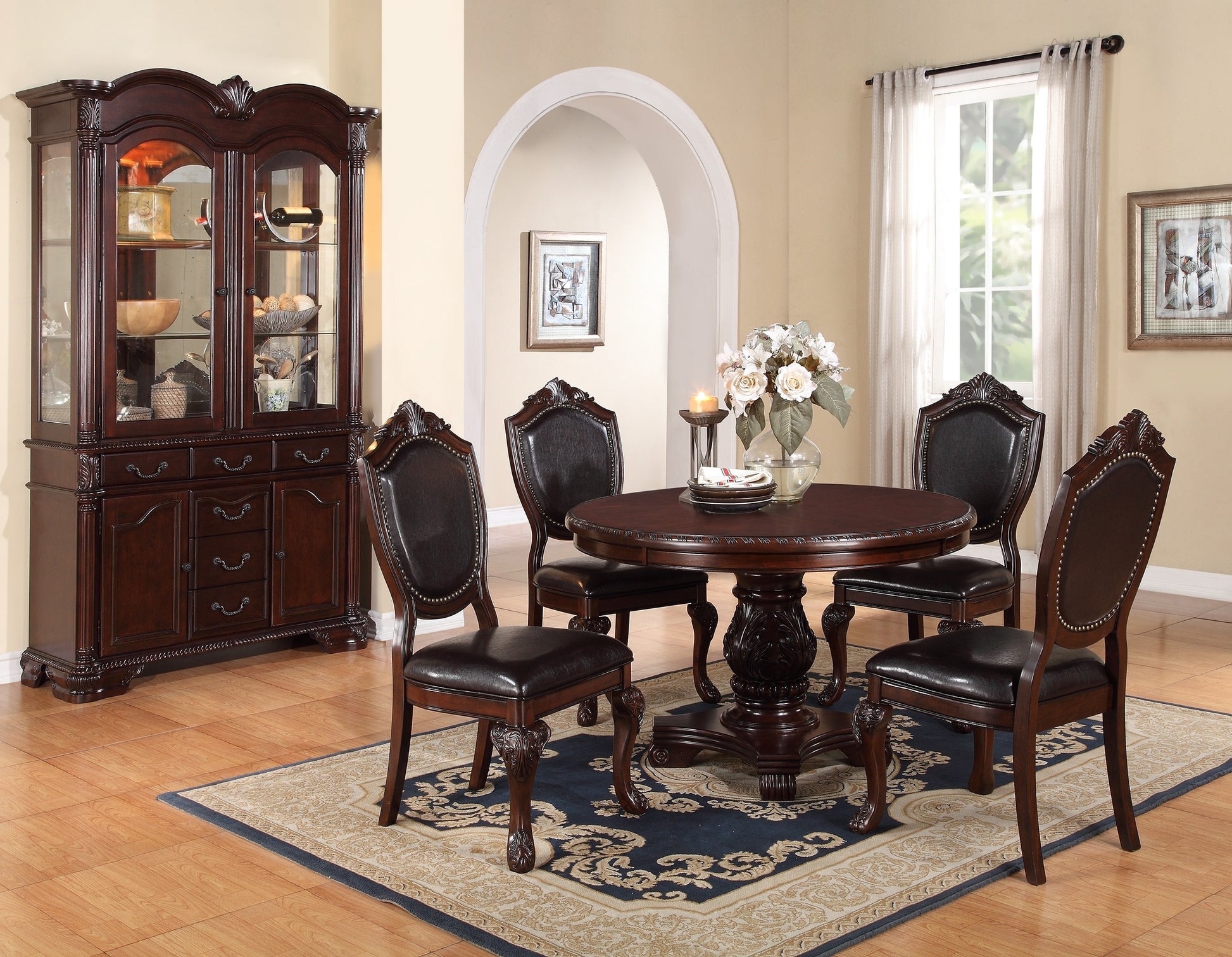 Classic Formal Dining Room Table And 4X Side Chairs Brown 5Pc Set Dining Table Pedestal Base Antique Round Table Faux Leather Upholstered Chair Brown Wood Dining Room Solid Wood Rubberwood Round Dining Table With Chair Wood Wood Brown Solid Back Seats 4