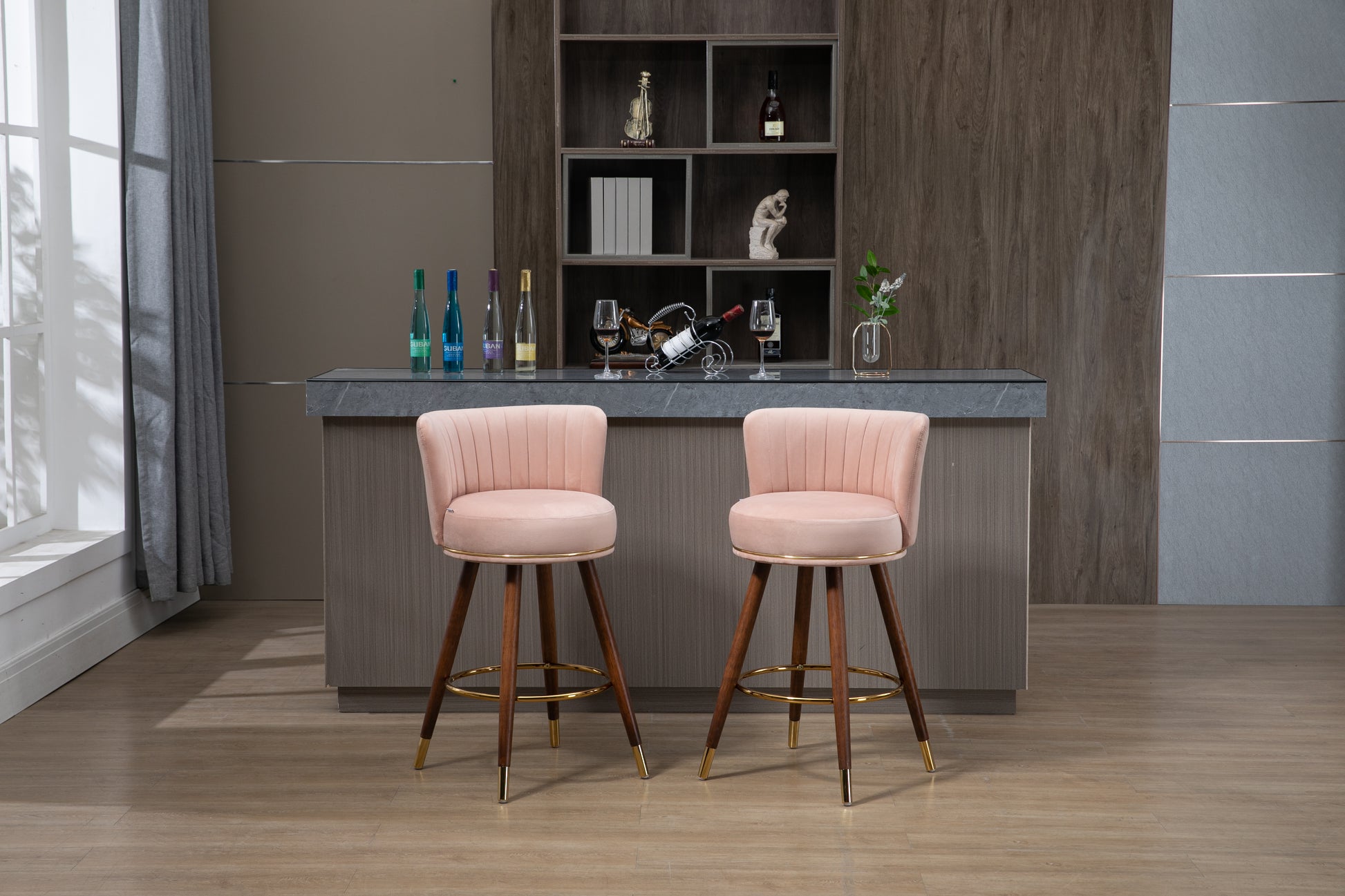 Coolmore Counter Height Bar Stools Set Of 2 For Kitchen Counter Solid Wood Legs With Fabric With A Fixed Height Of 360 Degrees Pink Solid Wood