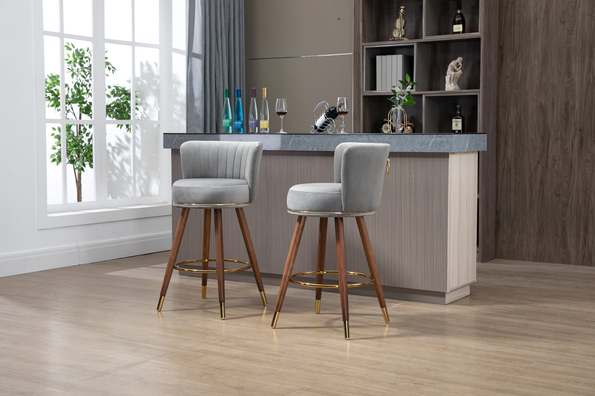 Coolmore Counter Height Bar Stools Set Of 2 For Kitchen Counter Solid Wood Legs With A Fixed Height Of 360 Degrees Gray Solid Wood