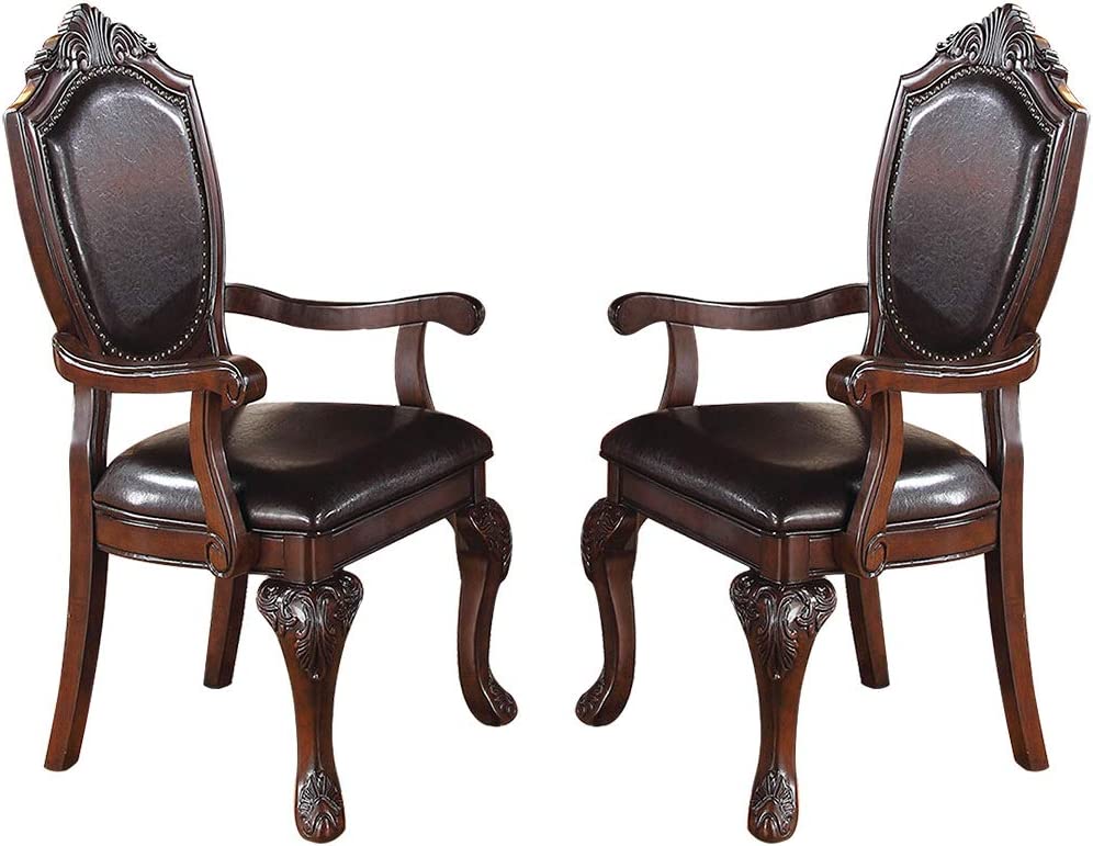 Gorgeous Formal Set Of 2 Arm Chairs Brown Color Rubberwood Dining Room Furniture Faux Leather Upholstered Seat Brown Brown Dining Room Luxury,Traditional Arm Chair Rubberwood Solid Back Rubber Wood