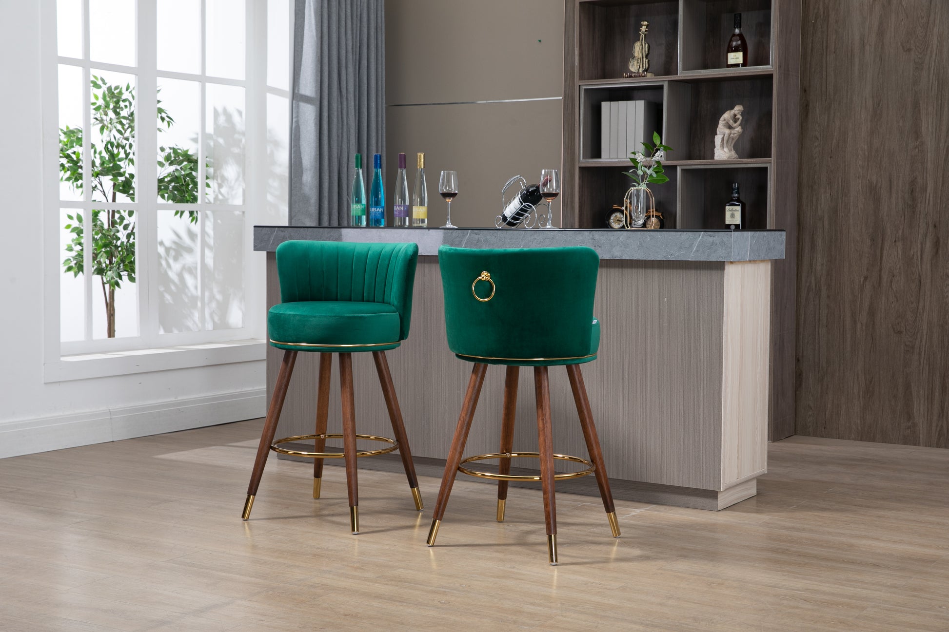 Coolmore Counter Height Bar Stools Set Of 2 For Kitchen Counter Solid Wood Legs With A Fixed Height Of 360 Degrees Emerald Solid Wood