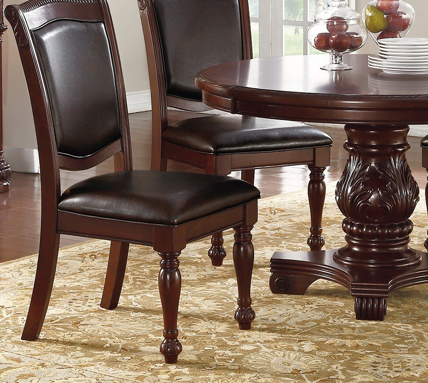 Majestic Classic Formal Dining Room Table And 4X Side Chairs Brown 5Pc Set Dining Table Pedestal Base Round Table Faux Leather Brown Brown Dining Room Luxury,Traditional Rubberwood Rubber Wood