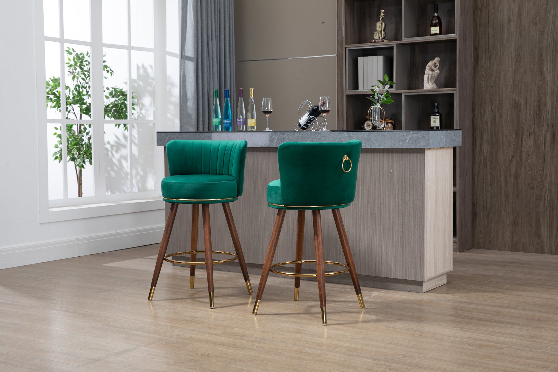 Coolmore Counter Height Bar Stools Set Of 2 For Kitchen Counter Solid Wood Legs With A Fixed Height Of 360 Degrees Emerald Solid Wood