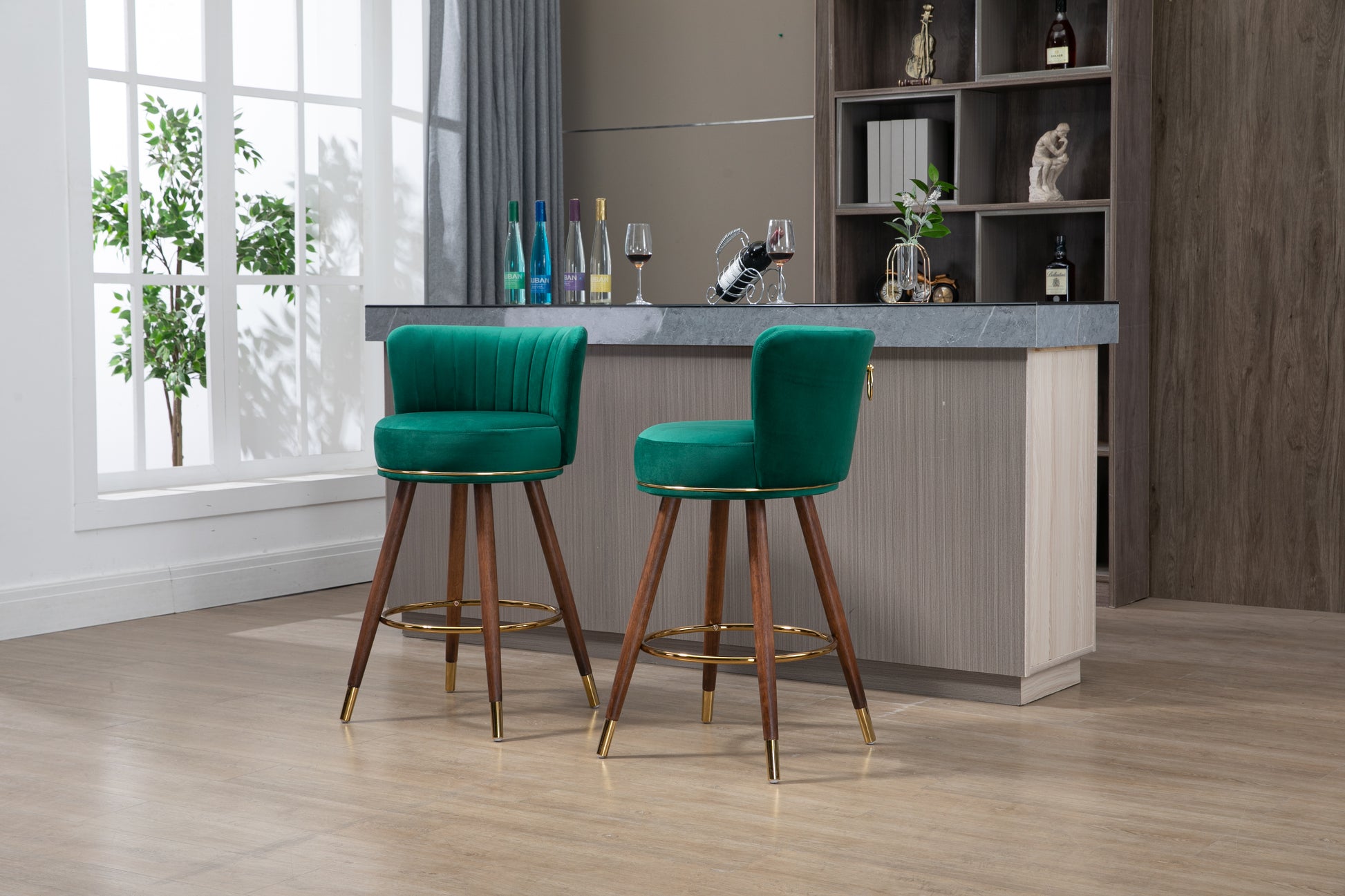 Coolmore Counter Height Bar Stools Set Of 2 For Kitchen Counter Solid Wood Legs With A Fixed Height Of 360 Degrees Emerald Solid Wood