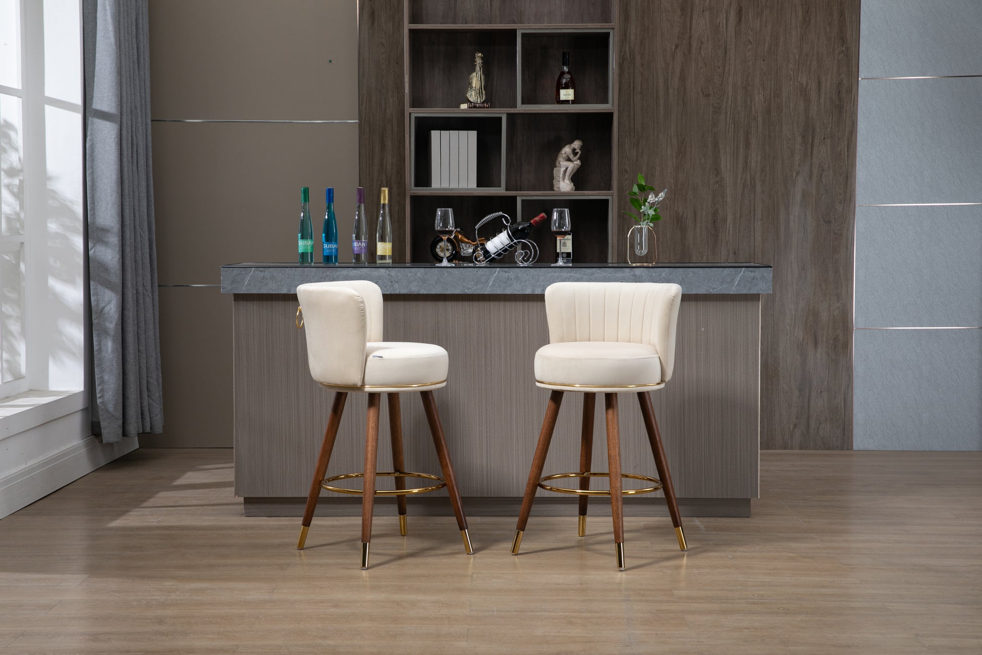 Coolmore Counter Height Bar Stools Set Of 2 For Kitchen Counter Solid Wood Legs With A Fixed Height Of 360 Degrees Ivory Solid Wood