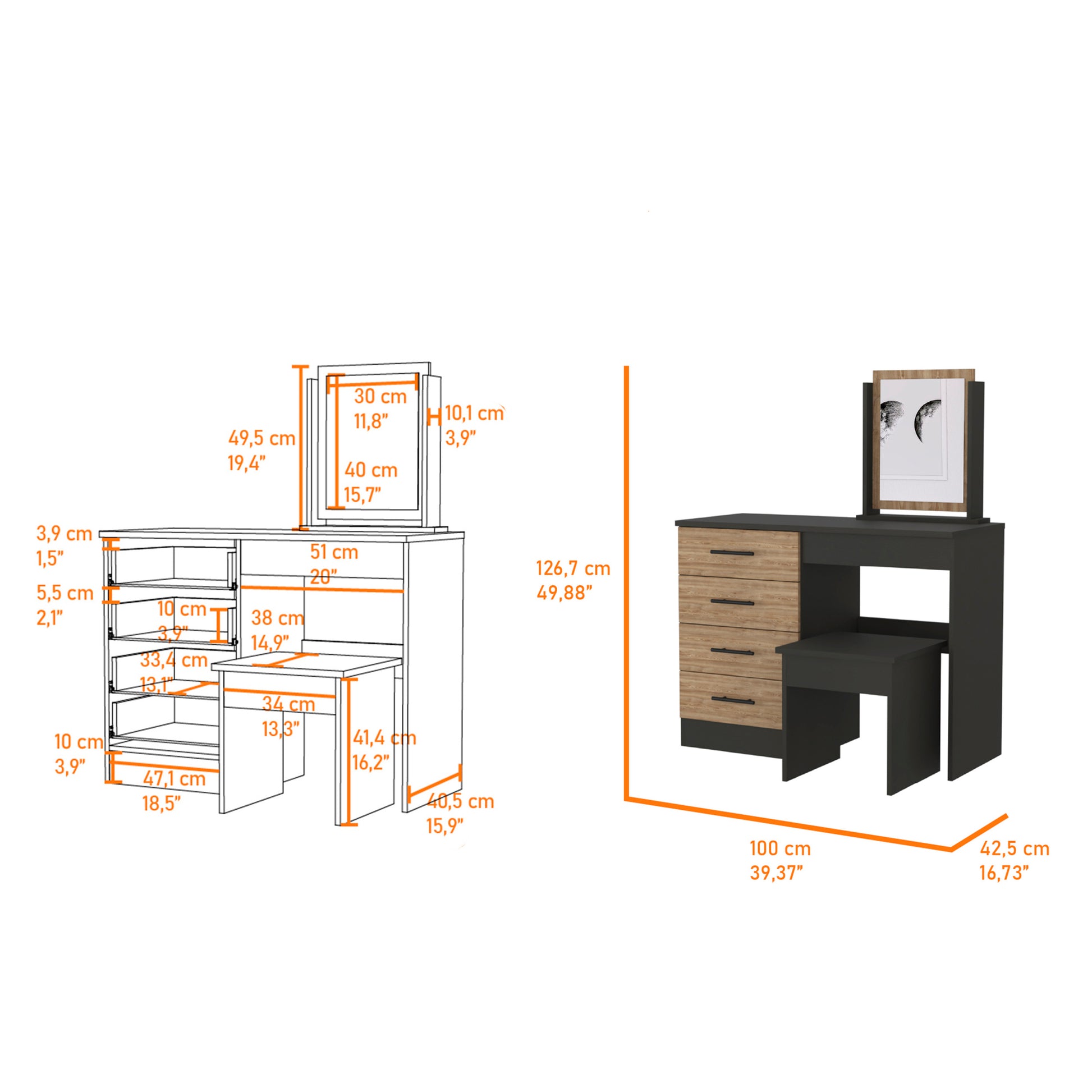 Black And Pine 4 Drawer Makeup Dressing Table With Stool Black Particle Board