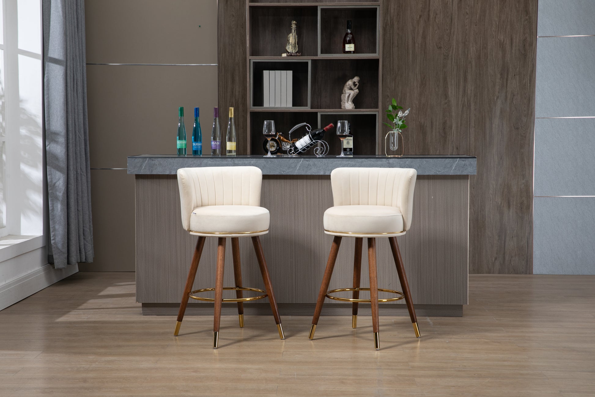 Coolmore Counter Height Bar Stools Set Of 2 For Kitchen Counter Solid Wood Legs With A Fixed Height Of 360 Degrees Ivory Solid Wood