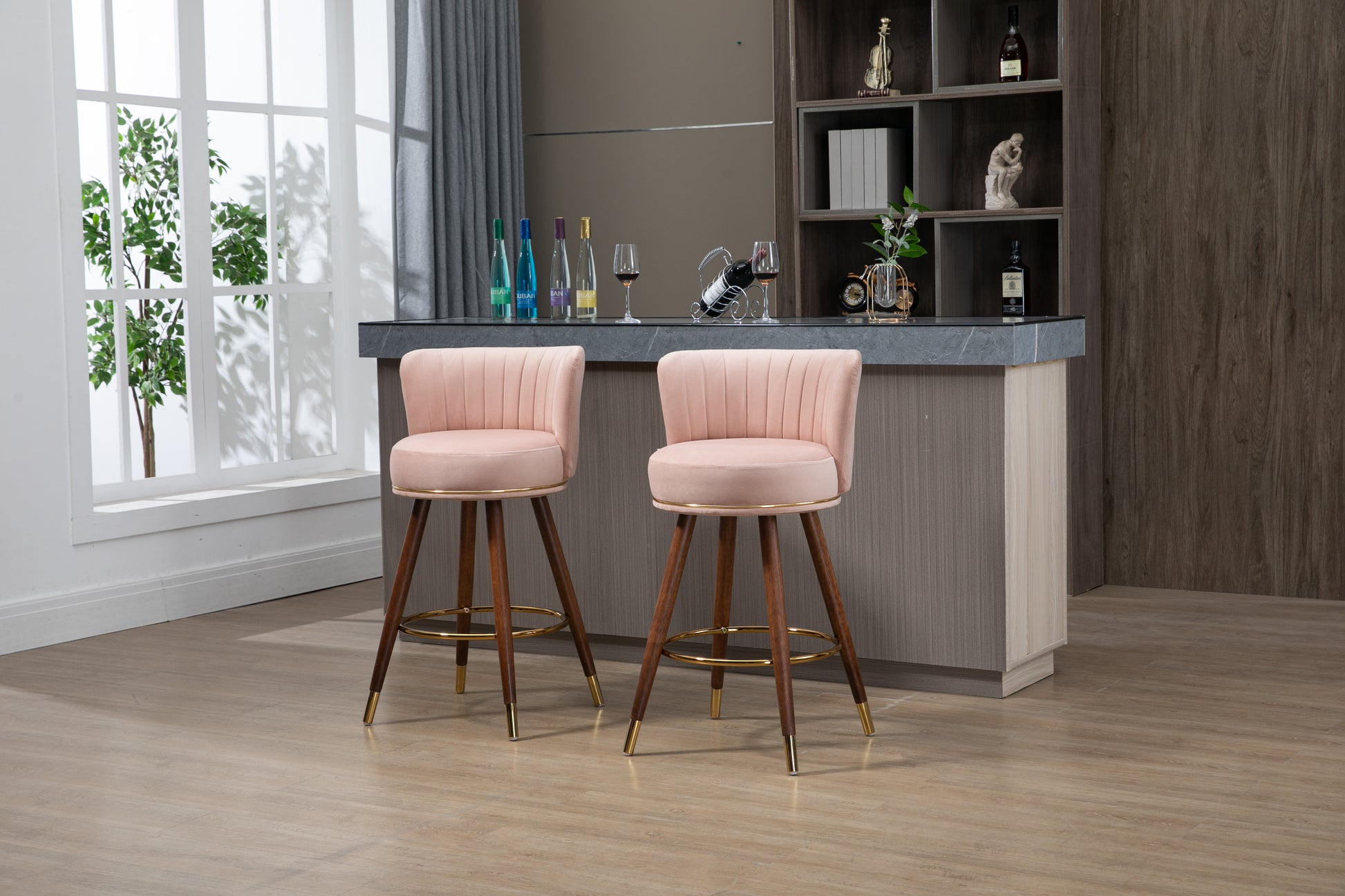 Coolmore Counter Height Bar Stools Set Of 2 For Kitchen Counter Solid Wood Legs With Fabric With A Fixed Height Of 360 Degrees Pink Solid Wood
