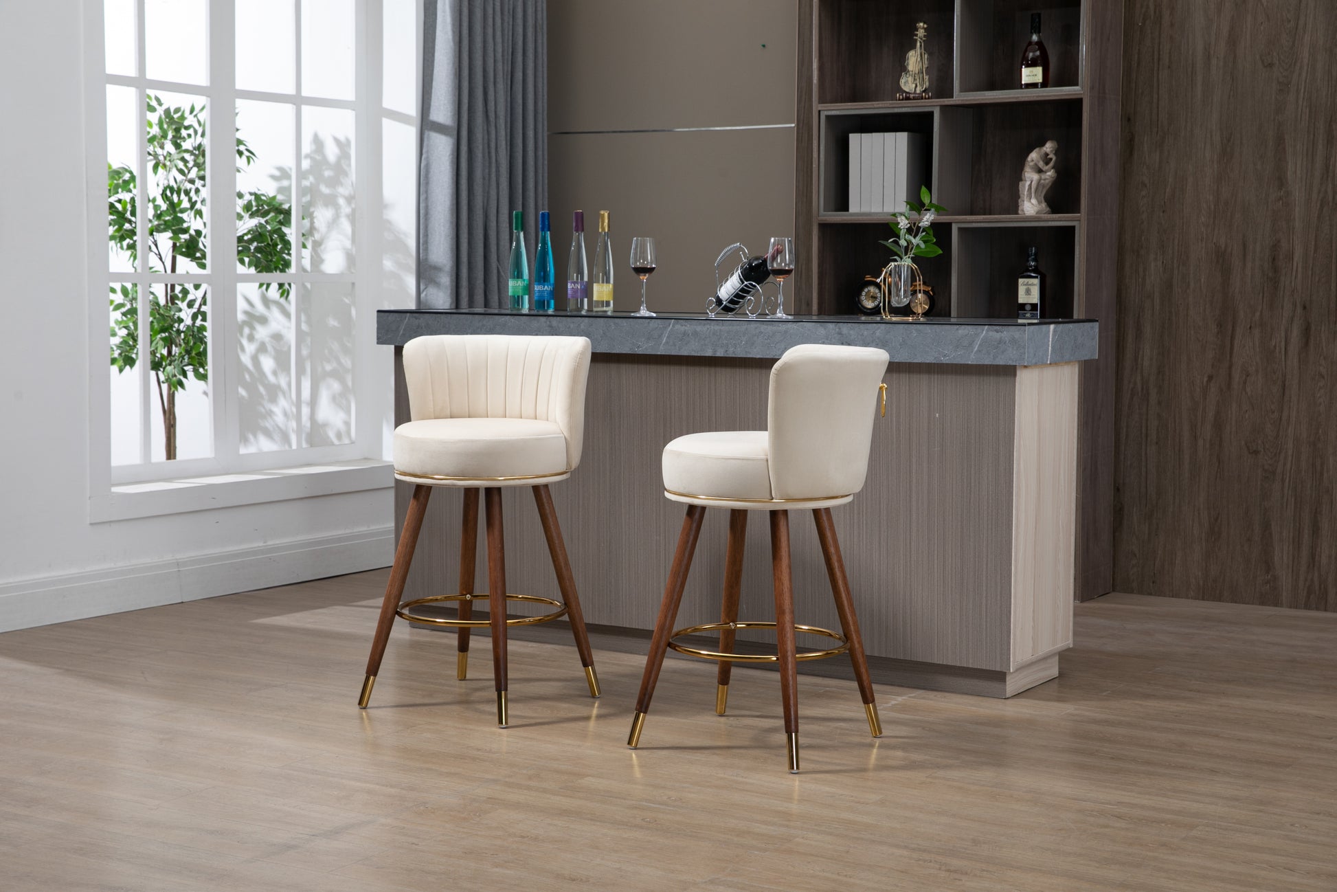 Coolmore Counter Height Bar Stools Set Of 2 For Kitchen Counter Solid Wood Legs With A Fixed Height Of 360 Degrees Ivory Solid Wood