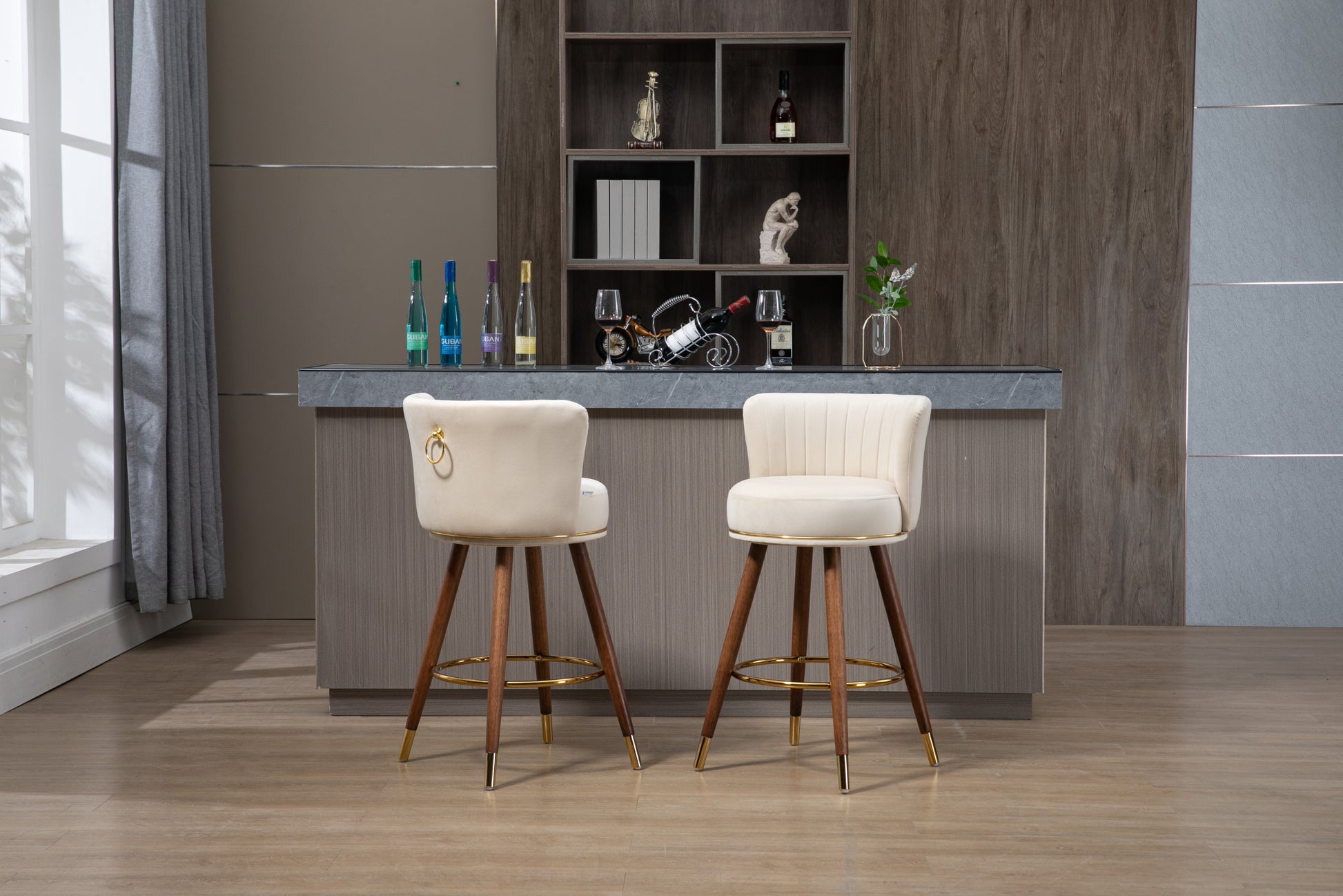 Coolmore Counter Height Bar Stools Set Of 2 For Kitchen Counter Solid Wood Legs With A Fixed Height Of 360 Degrees Ivory Solid Wood