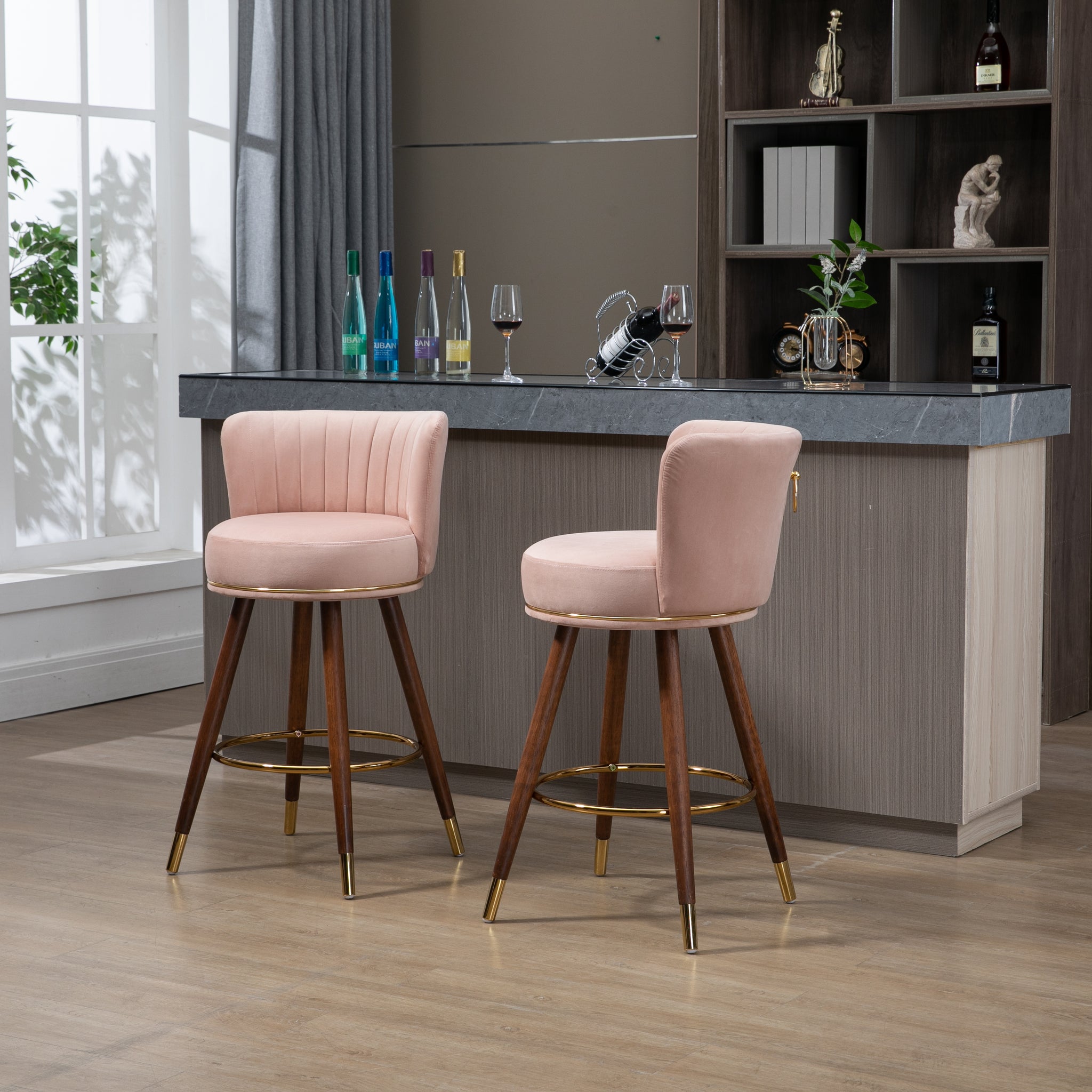 Coolmore Counter Height Bar Stools Set Of 2 For Kitchen Counter Solid Wood Legs With Fabric With A Fixed Height Of 360 Degrees Pink Solid Wood