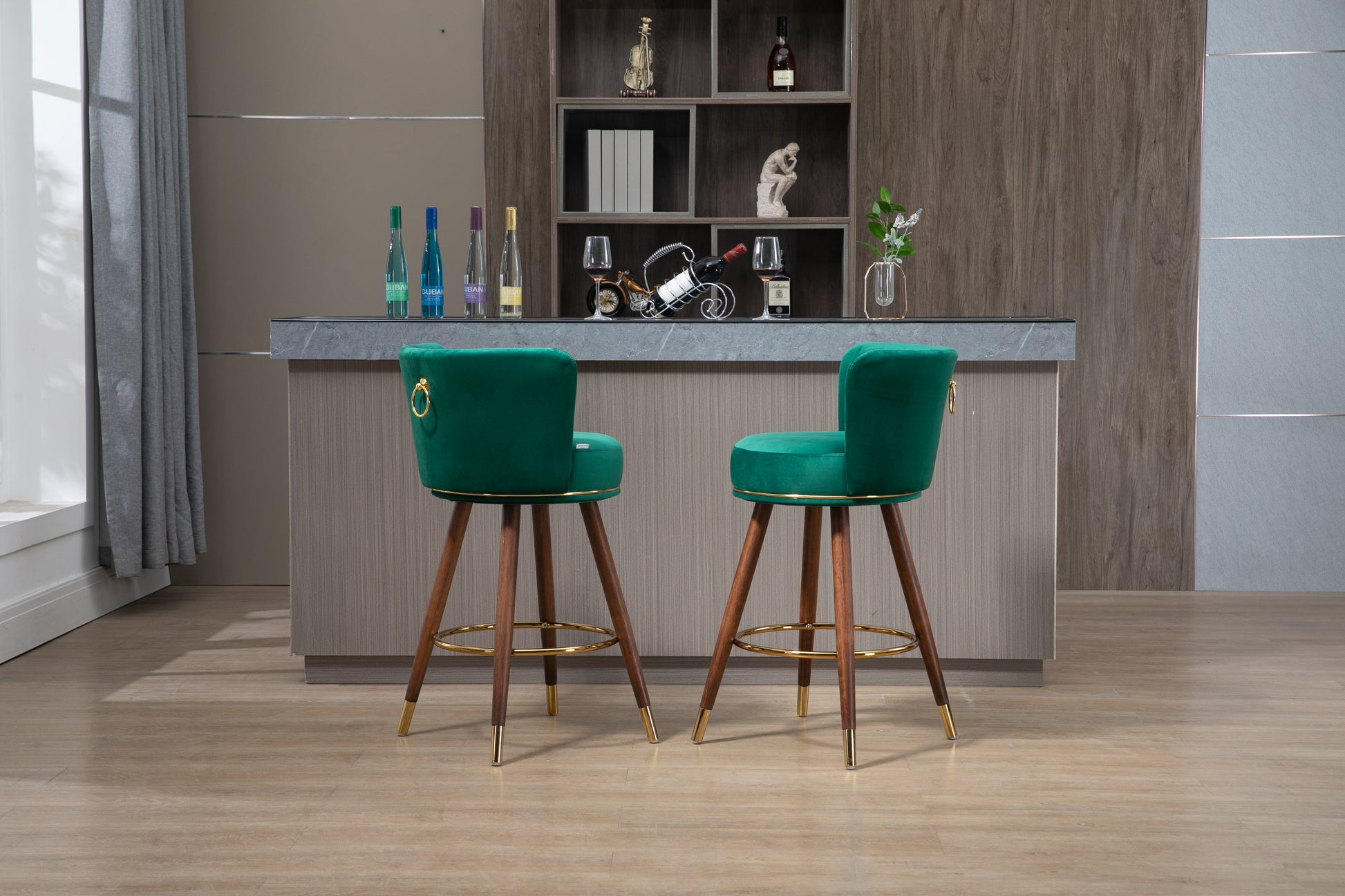 Coolmore Counter Height Bar Stools Set Of 2 For Kitchen Counter Solid Wood Legs With A Fixed Height Of 360 Degrees Emerald Solid Wood