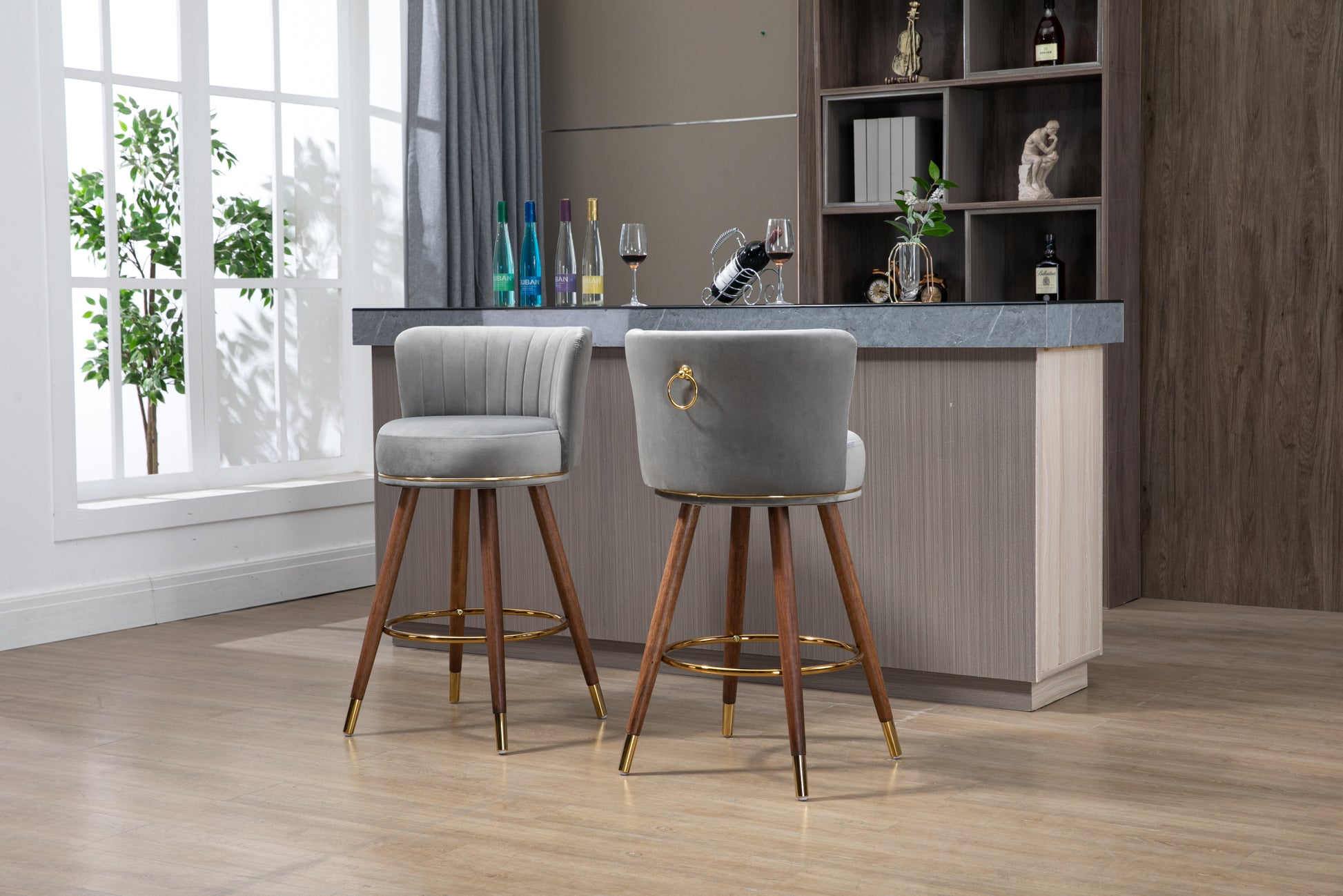 Coolmore Counter Height Bar Stools Set Of 2 For Kitchen Counter Solid Wood Legs With A Fixed Height Of 360 Degrees Gray Solid Wood