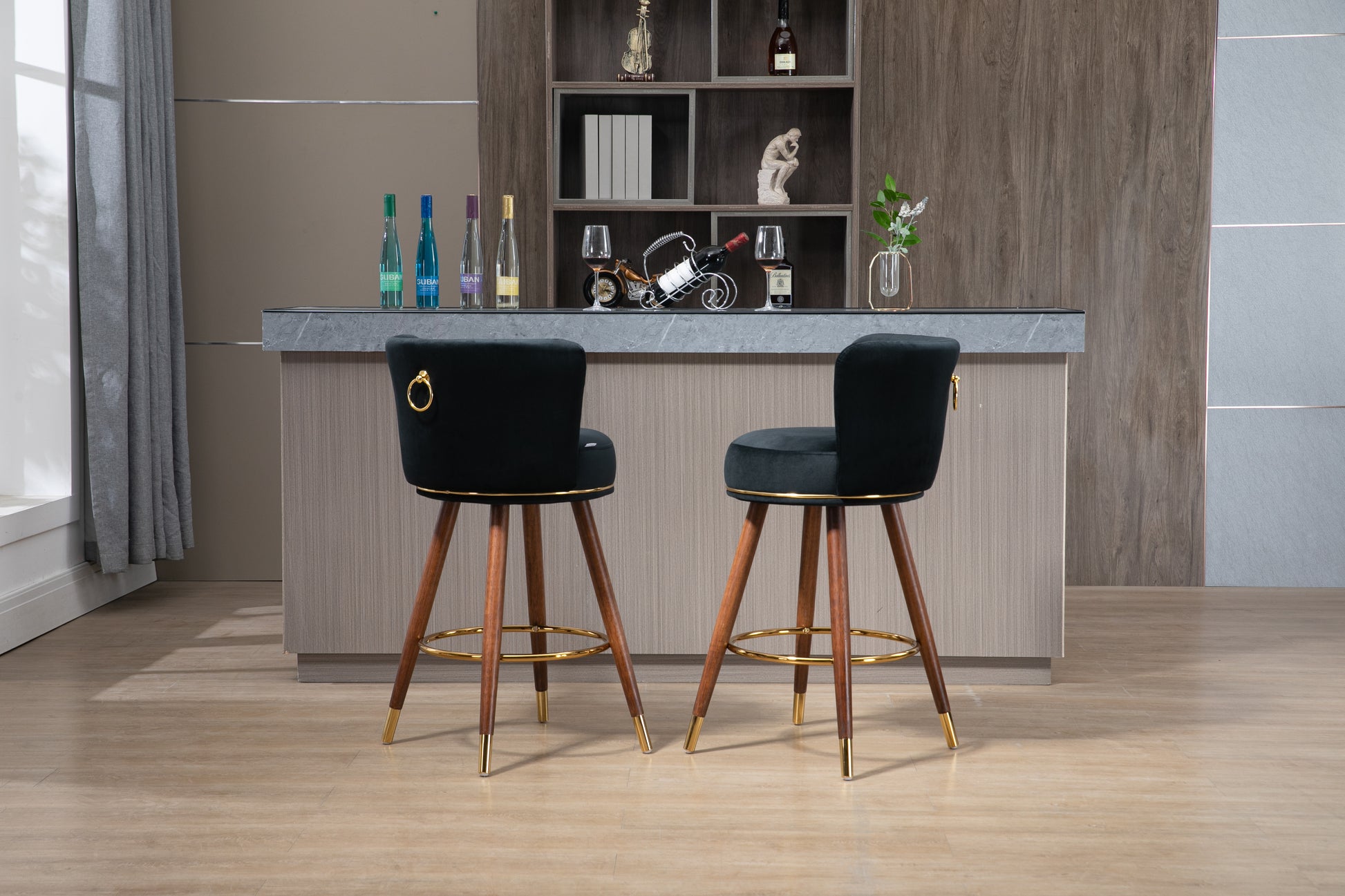 Coolmore Counter Height Bar Stools Set Of 2 For Kitchen Counter Solid Wood Legs With A Fixed Height Of 360 Degrees Black Solid Wood