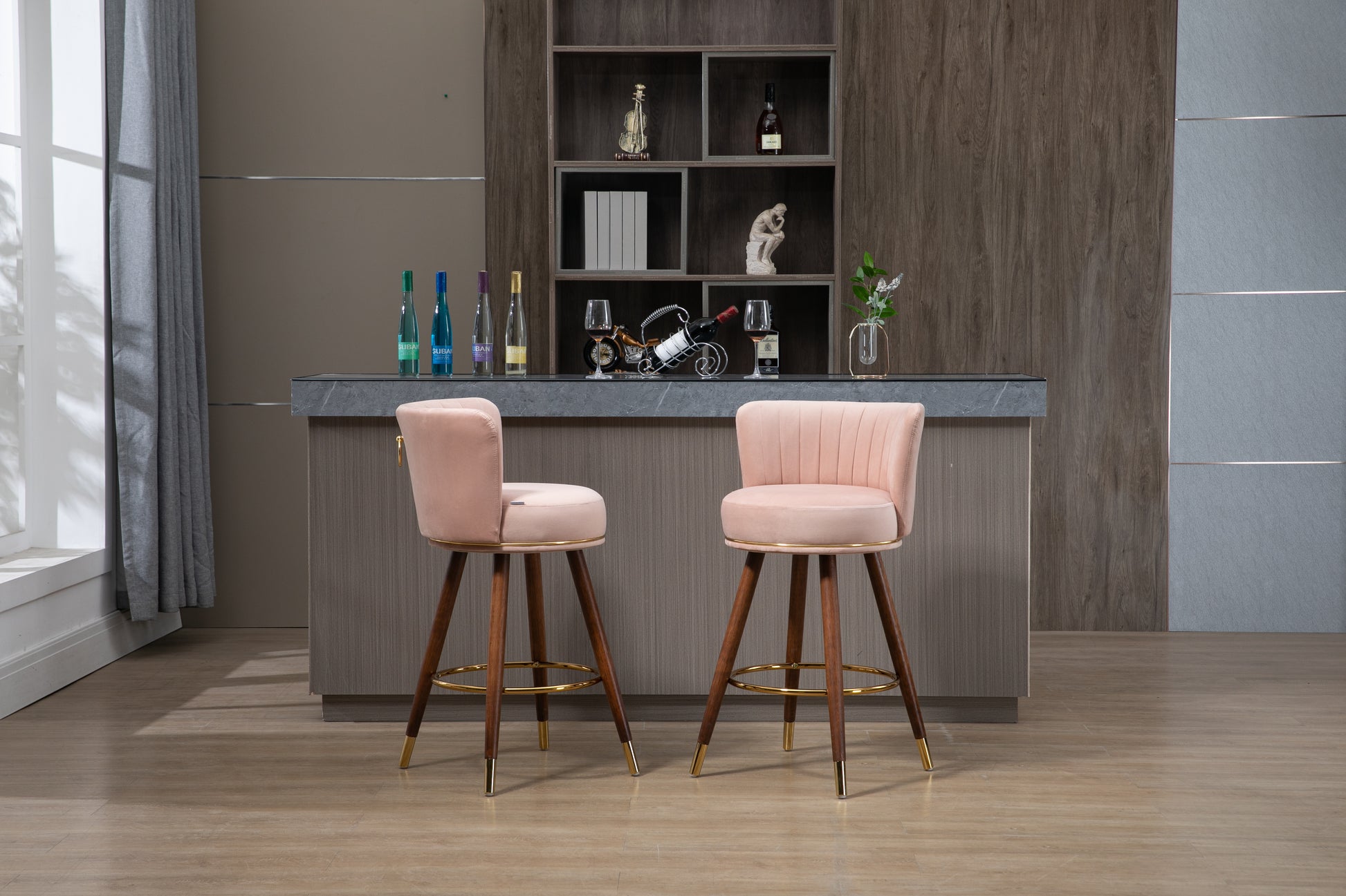 Coolmore Counter Height Bar Stools Set Of 2 For Kitchen Counter Solid Wood Legs With Fabric With A Fixed Height Of 360 Degrees Pink Solid Wood