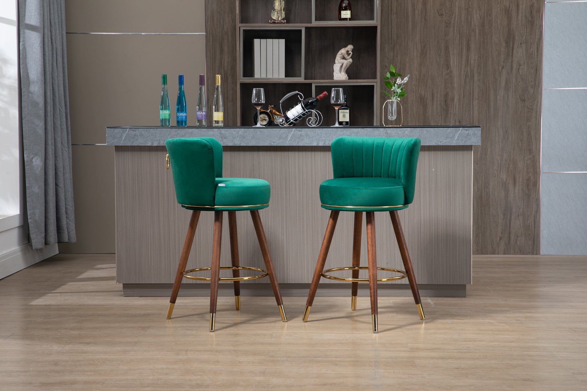 Coolmore Counter Height Bar Stools Set Of 2 For Kitchen Counter Solid Wood Legs With A Fixed Height Of 360 Degrees Emerald Solid Wood