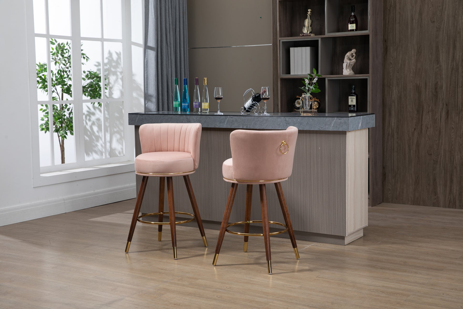 Coolmore Counter Height Bar Stools Set Of 2 For Kitchen Counter Solid Wood Legs With Fabric With A Fixed Height Of 360 Degrees Pink Solid Wood