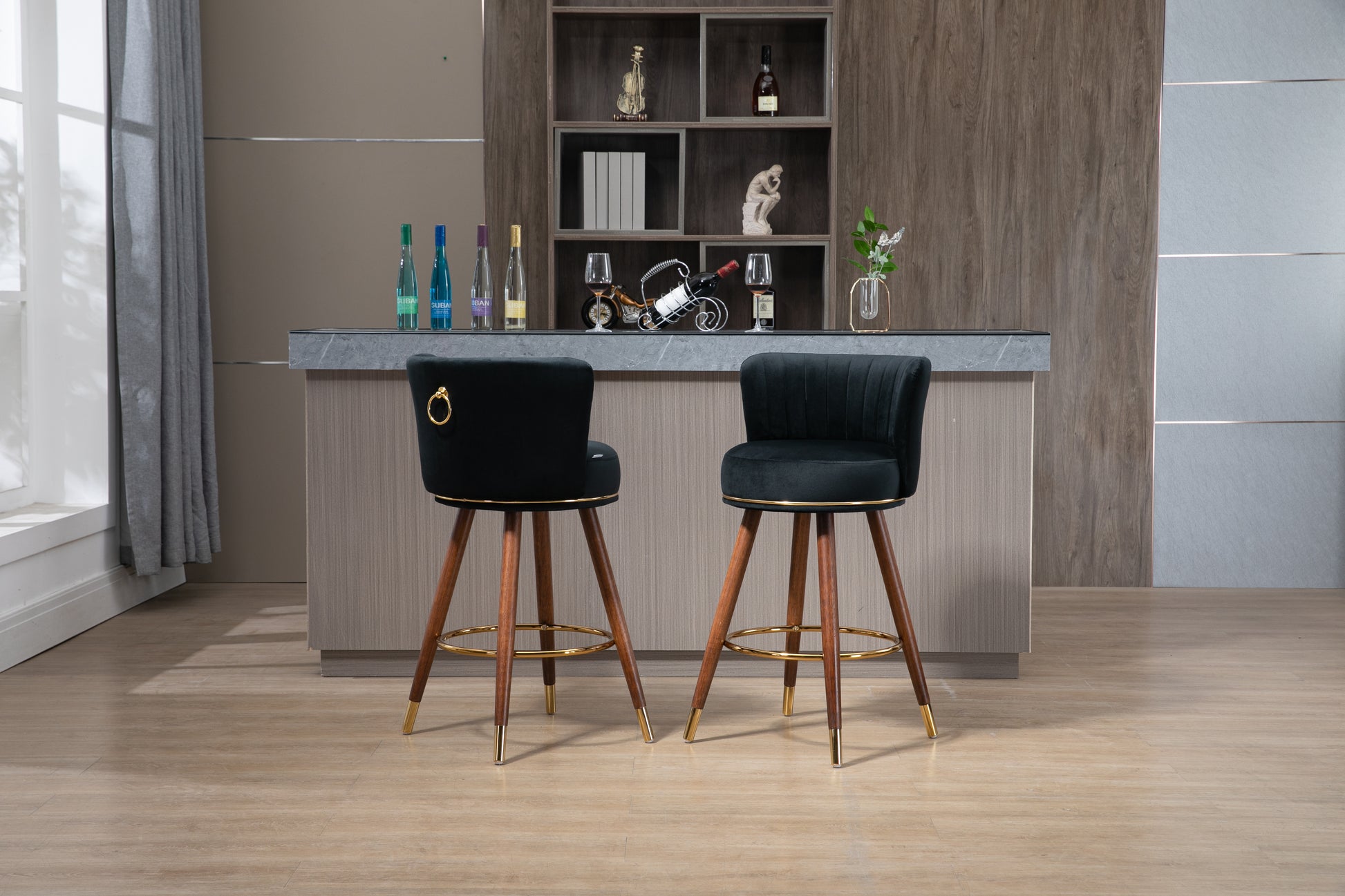 Coolmore Counter Height Bar Stools Set Of 2 For Kitchen Counter Solid Wood Legs With A Fixed Height Of 360 Degrees Black Solid Wood