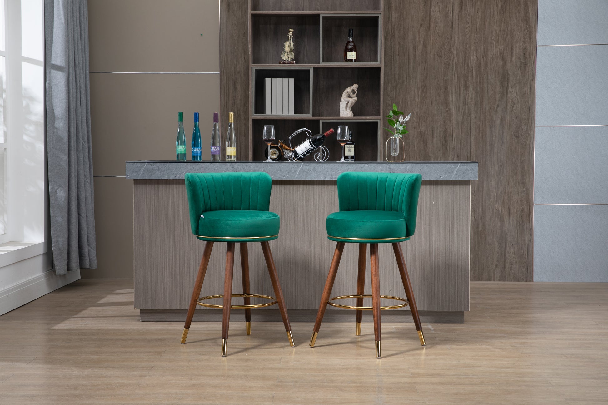 Coolmore Counter Height Bar Stools Set Of 2 For Kitchen Counter Solid Wood Legs With A Fixed Height Of 360 Degrees Emerald Solid Wood