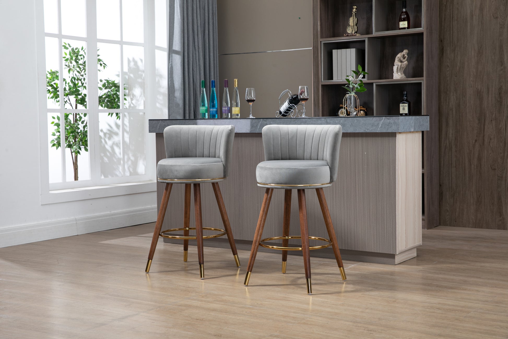 Coolmore Counter Height Bar Stools Set Of 2 For Kitchen Counter Solid Wood Legs With A Fixed Height Of 360 Degrees Gray Solid Wood