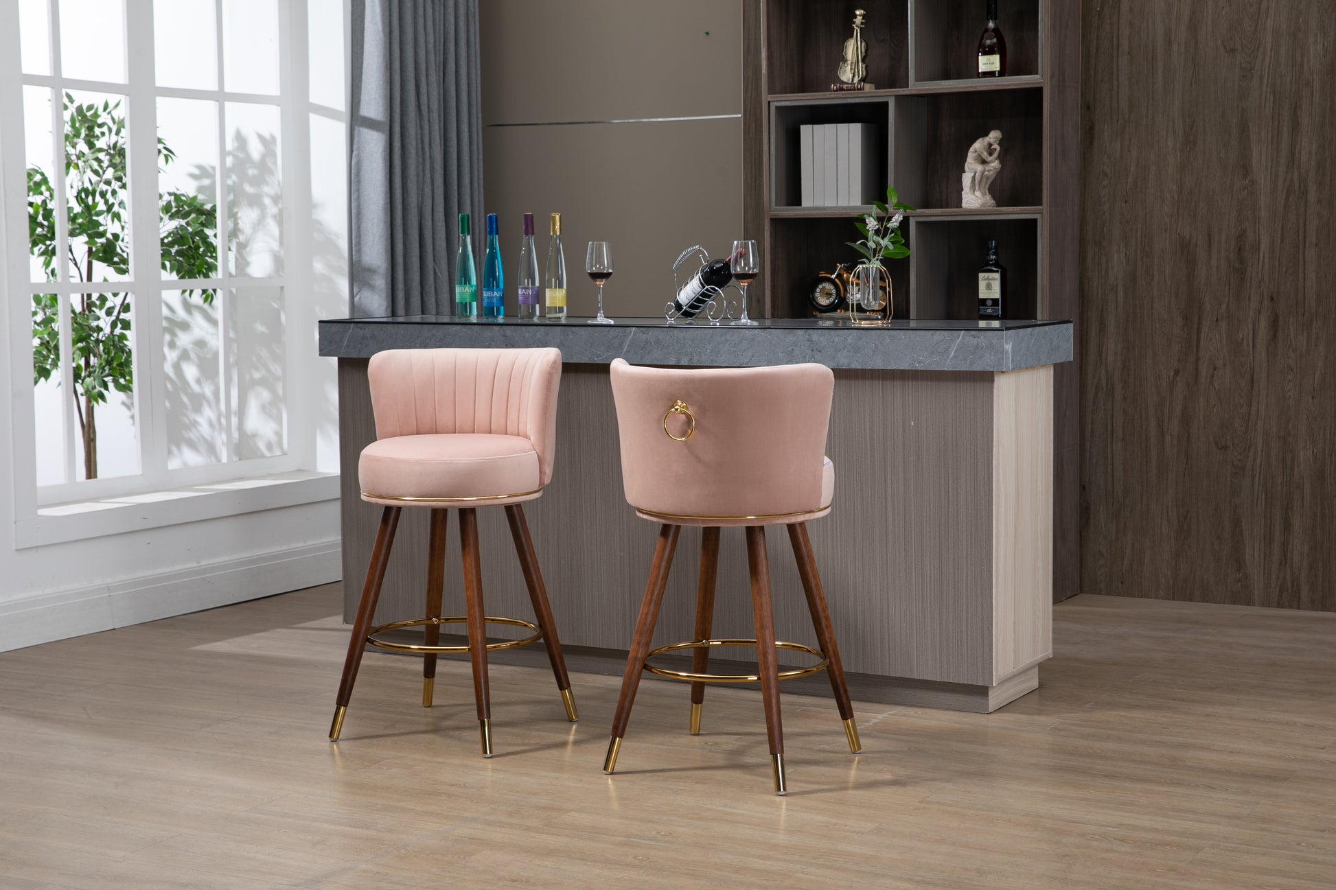 Coolmore Counter Height Bar Stools Set Of 2 For Kitchen Counter Solid Wood Legs With Fabric With A Fixed Height Of 360 Degrees Pink Solid Wood