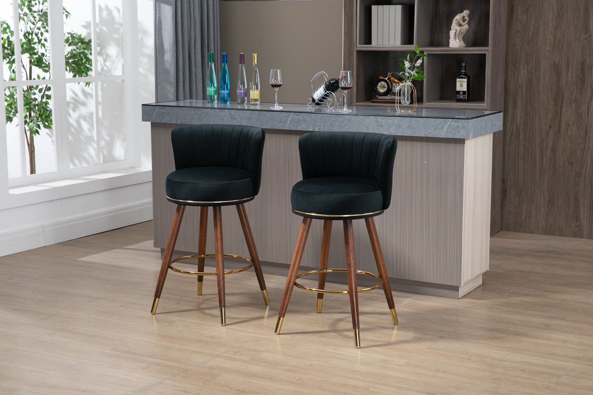 Coolmore Counter Height Bar Stools Set Of 2 For Kitchen Counter Solid Wood Legs With A Fixed Height Of 360 Degrees Black Solid Wood