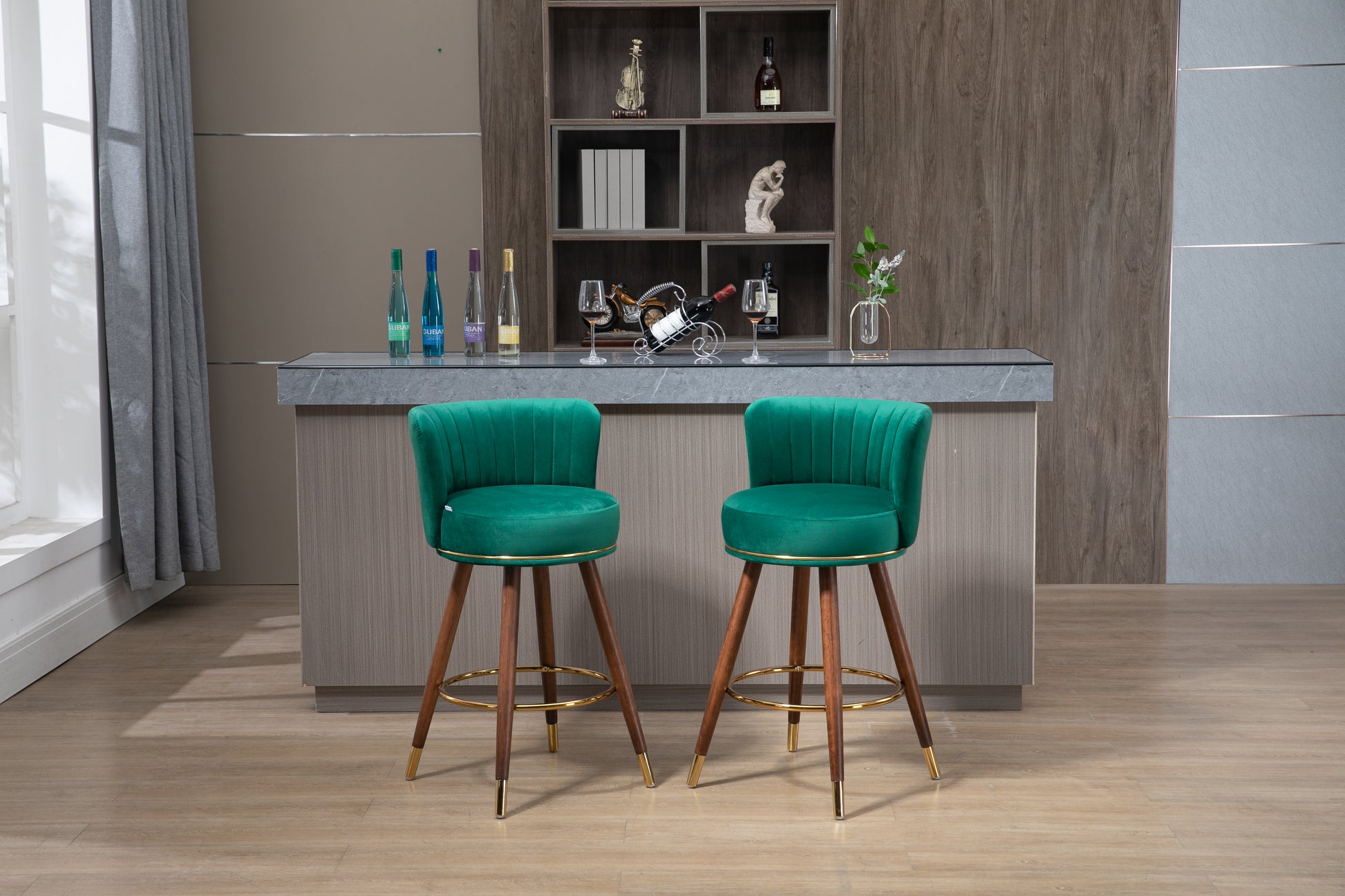Coolmore Counter Height Bar Stools Set Of 2 For Kitchen Counter Solid Wood Legs With A Fixed Height Of 360 Degrees Emerald Solid Wood